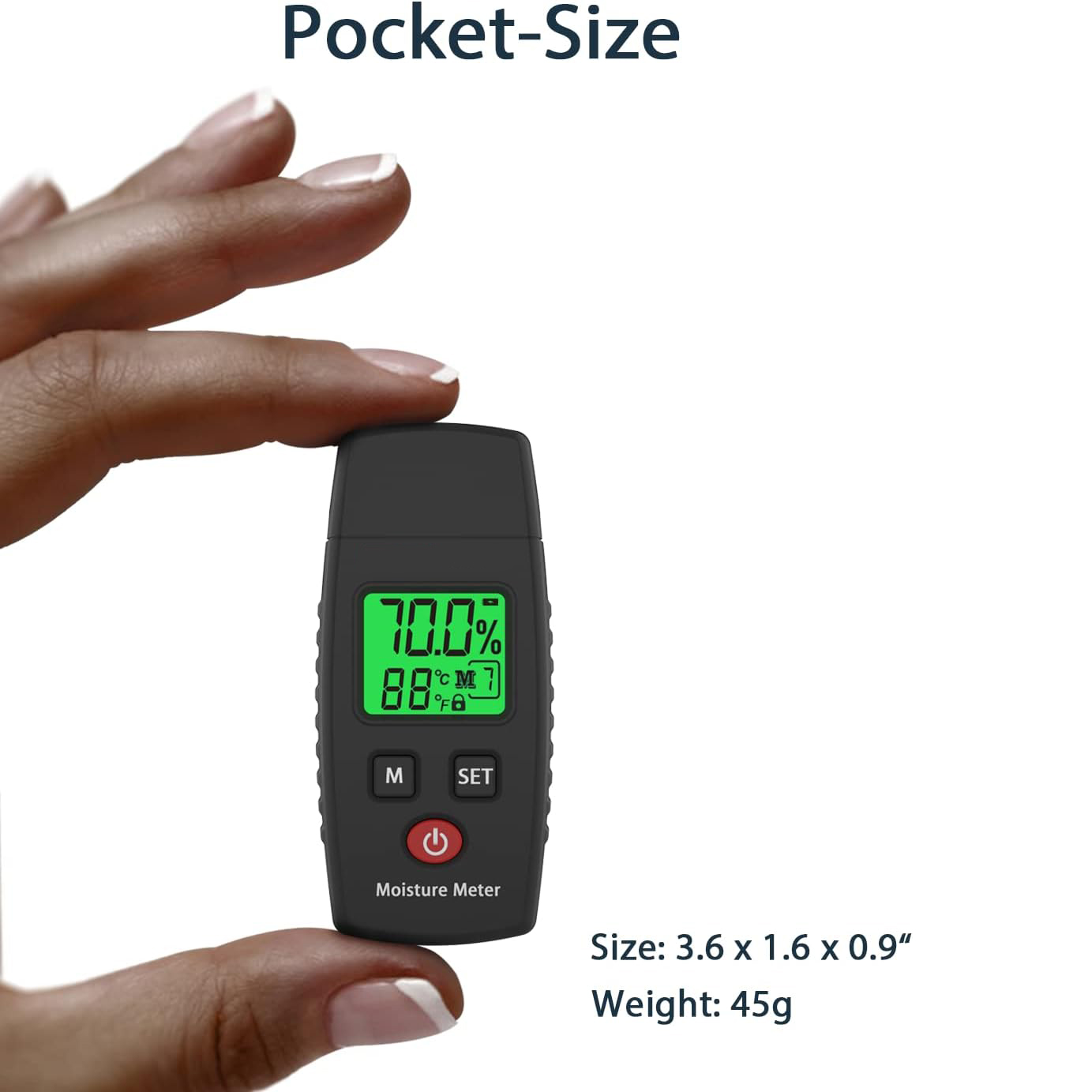 Eine Hand hält ein schwarzes Feuchtigkeitsmessgerät. Das Messgerät zeigt 70,0% und 88 an. Der Text 'Pocket-Size' steht über dem Messgerät.