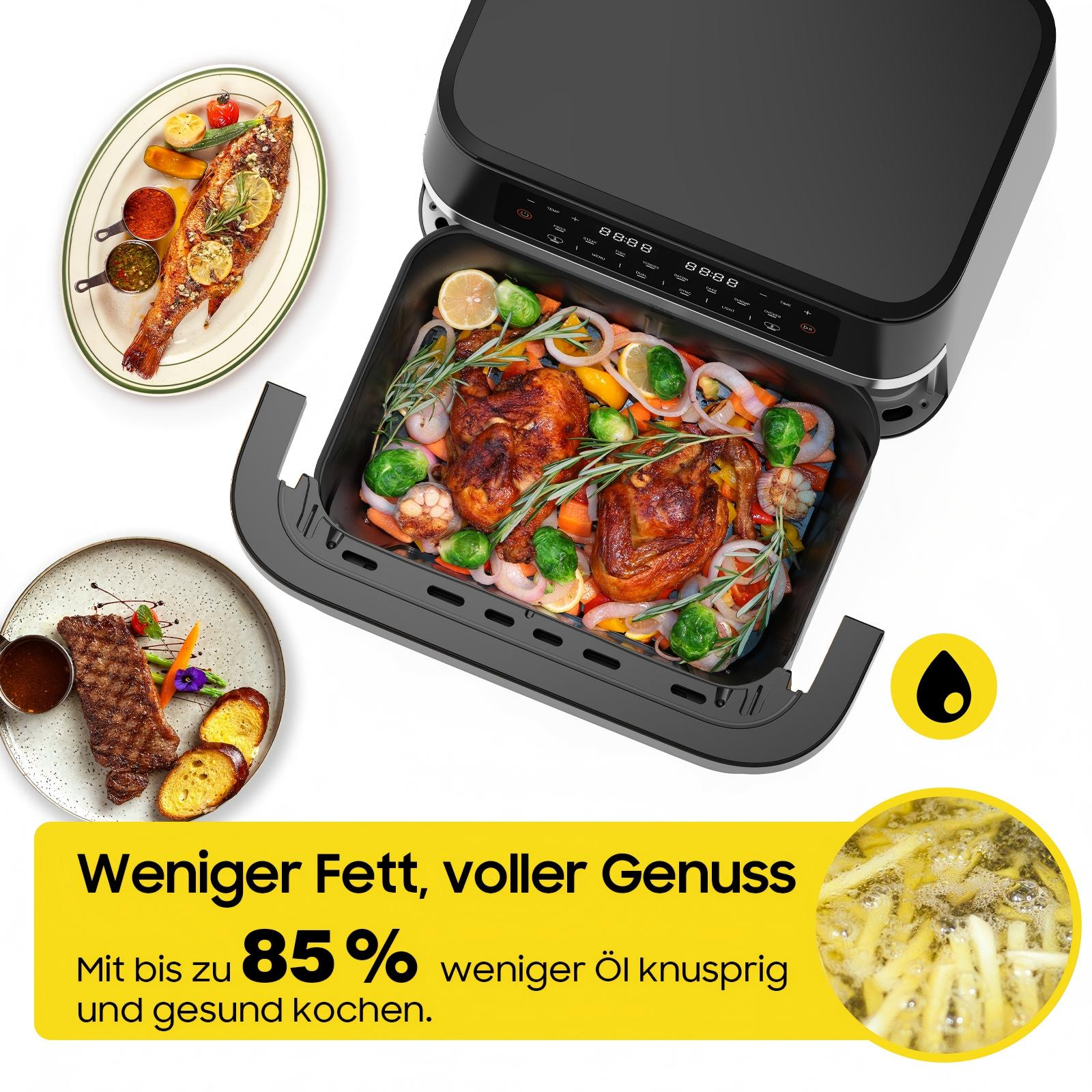 Ein Airfryer mit gekochtem Hähnchen und Gemüse, daneben Teller mit Essen. Text: Weniger Fett, voller Genuss, 85 % weniger Öl.