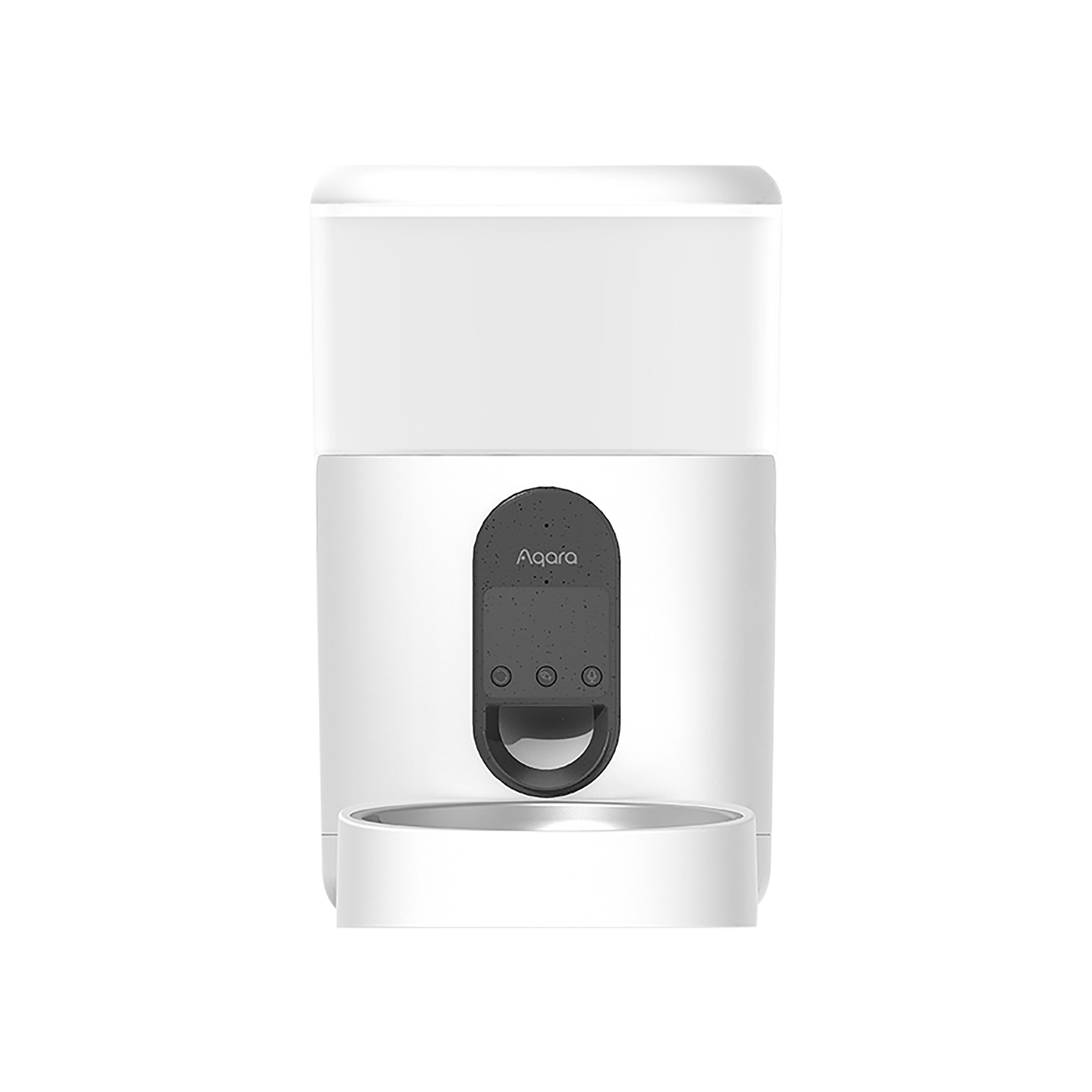 Biały podajnik karmy z czarnym panelem sterowania. Podajnik ma pojemnik na karmę i miskę.