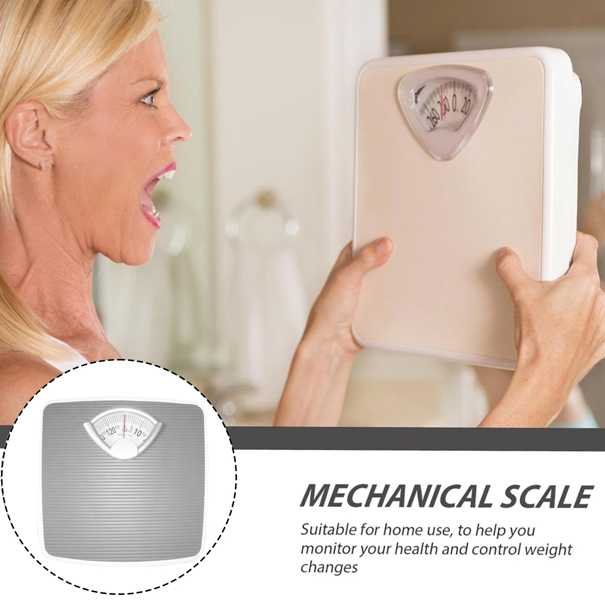 Frau reagiert auf Gewicht auf einer Waage. Waage zeigt eine hohe Zahl. Das Bild zeigt auch eine mechanische Waage, Text lautet 'Mechanical Scale'.