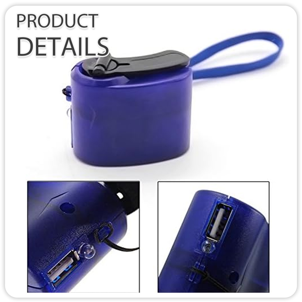 Ein blaues zylindrisches Gerät mit schwarzer Oberseite, blauem Riemen und USB-Anschlüssen. Produktdetails werden angezeigt. Zwei Nahaufnahmen des Geräts.