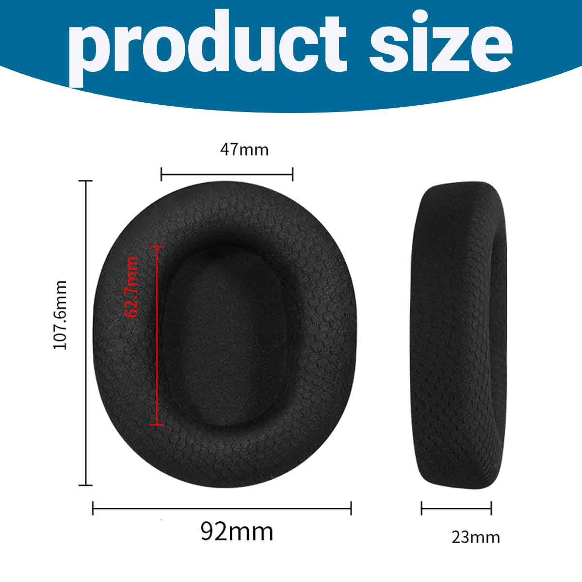 Produktgrößengrafik: Kopfhörer-Ohrpolster. Abmessungen: 107,6 mm x 92 mm x 23 mm. Maße in mm angegeben. Text: Produktgröße.