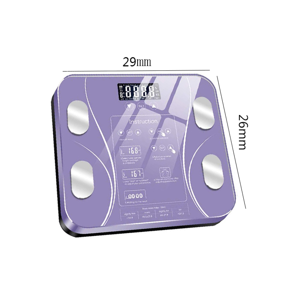 Eine lila Digitalwaage mit Zahlenanzeige. Es hat silberne Pads und Anweisungen.