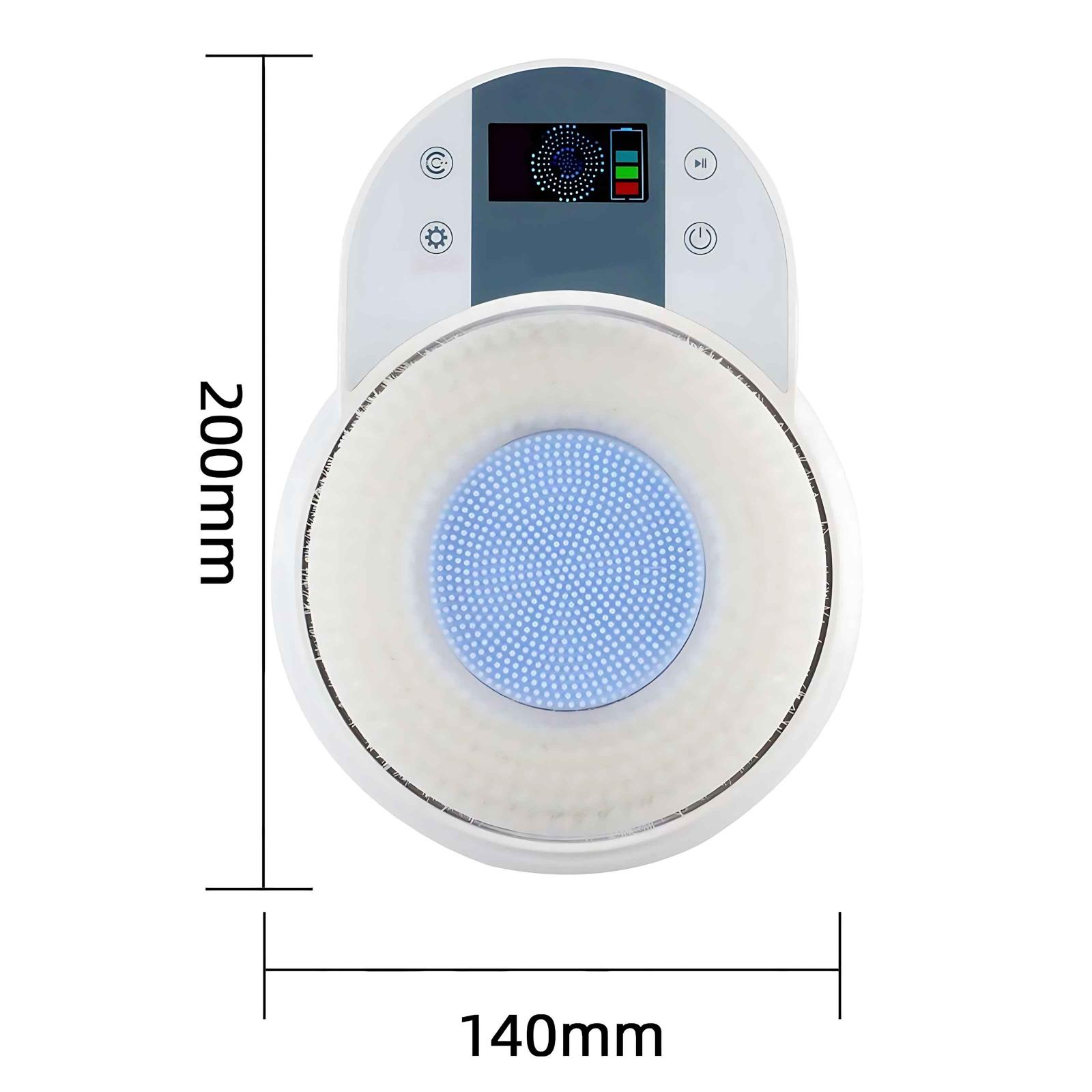 Ein weiß-blaues Gesichtsreinigungsgerät mit Digitalanzeige. Die Abmessungen sind 200 mm hoch und 140 mm breit.