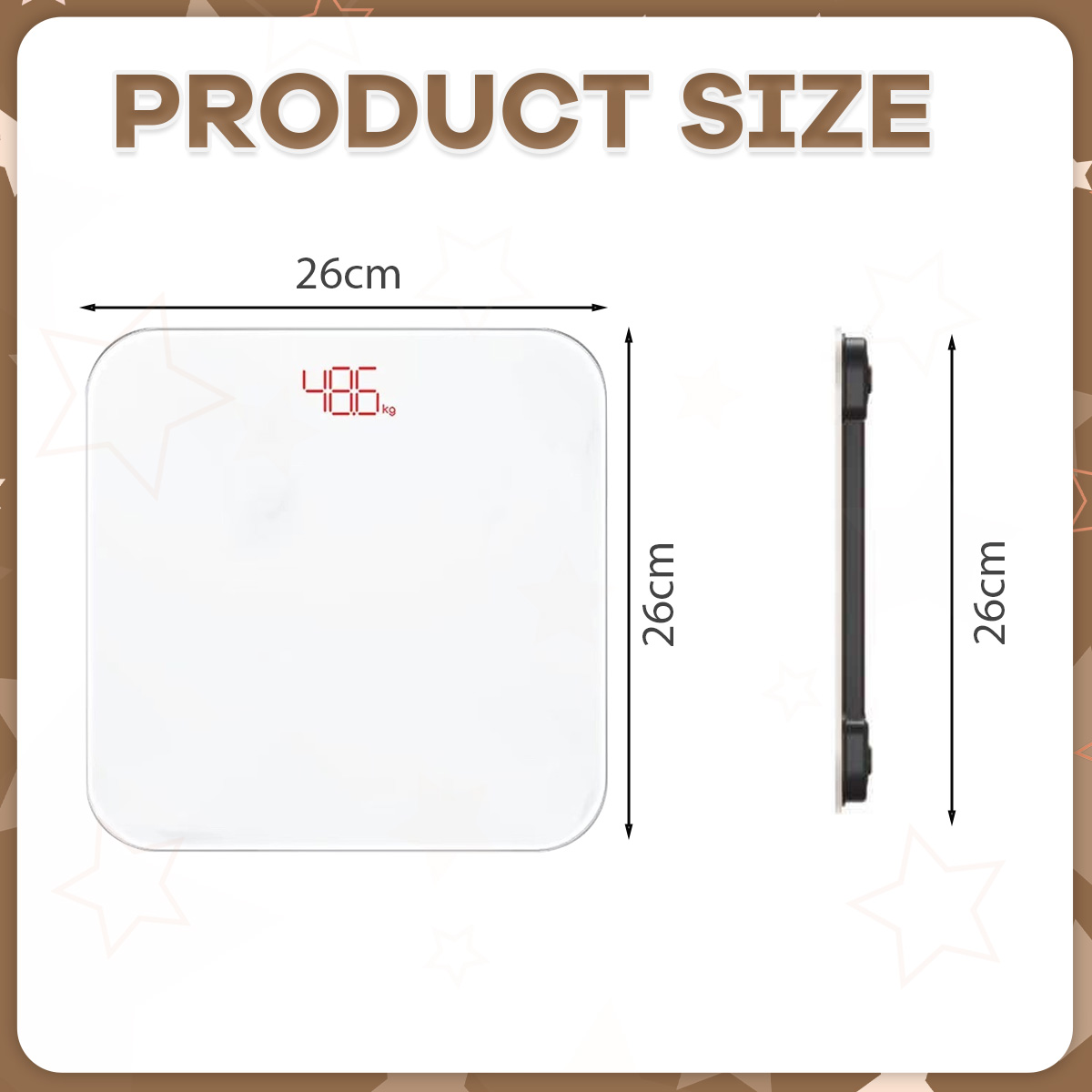 Eine weiße Digitalwaage mit roten Zahlen, die 48,6 kg anzeigen, neben einer Seitenansicht der Waage. Abmessungen sind 26 cm x 26 cm.