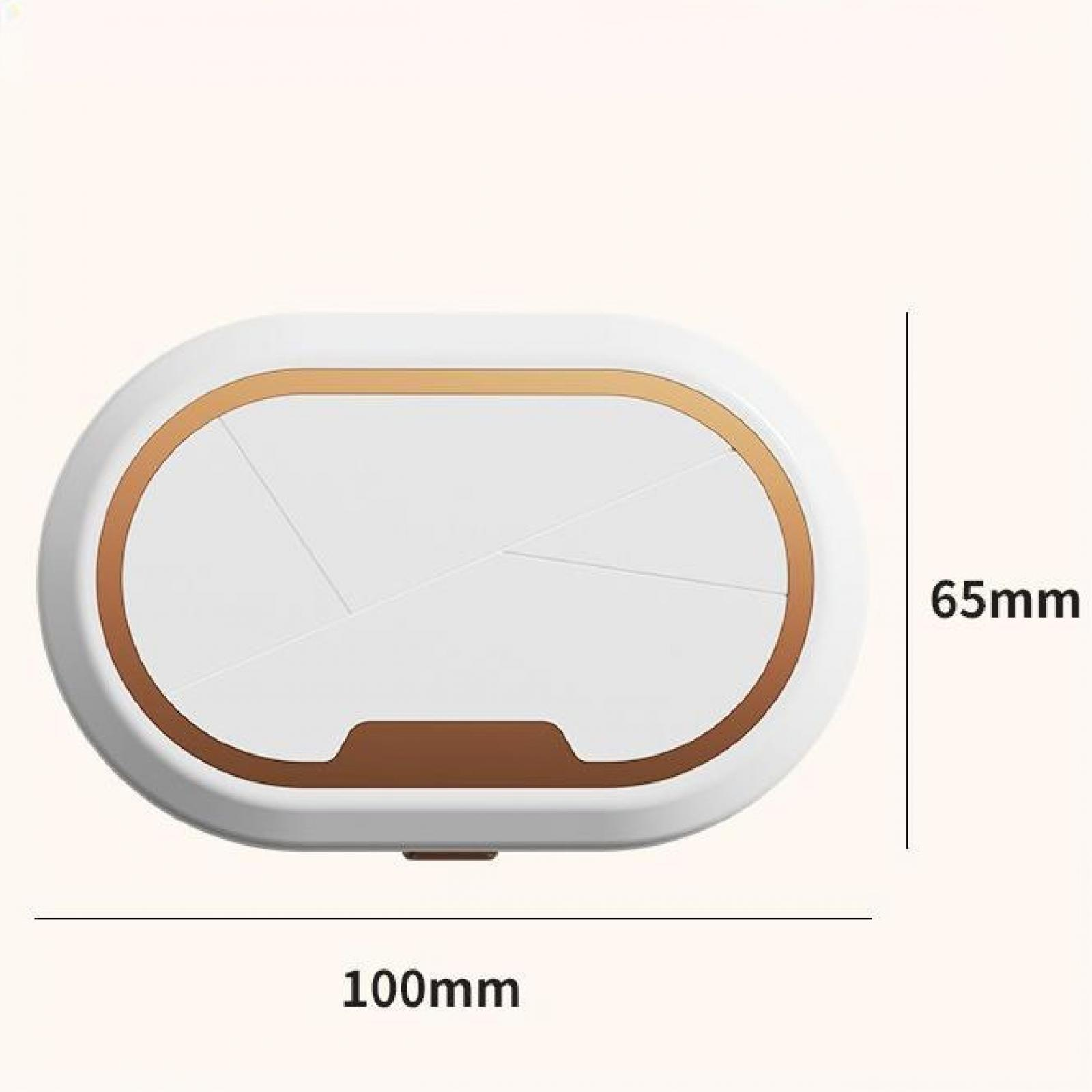Weißes, ovalförmiges Objekt mit goldfarbenem Rand und braunen Akzenten. Maße: 100mm x 65mm. Hellbeiger Hintergrund.