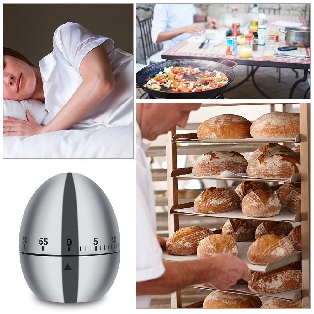 Frau im Bett, Person kocht Paella, Bäcker mit Brot, Eieruhr.