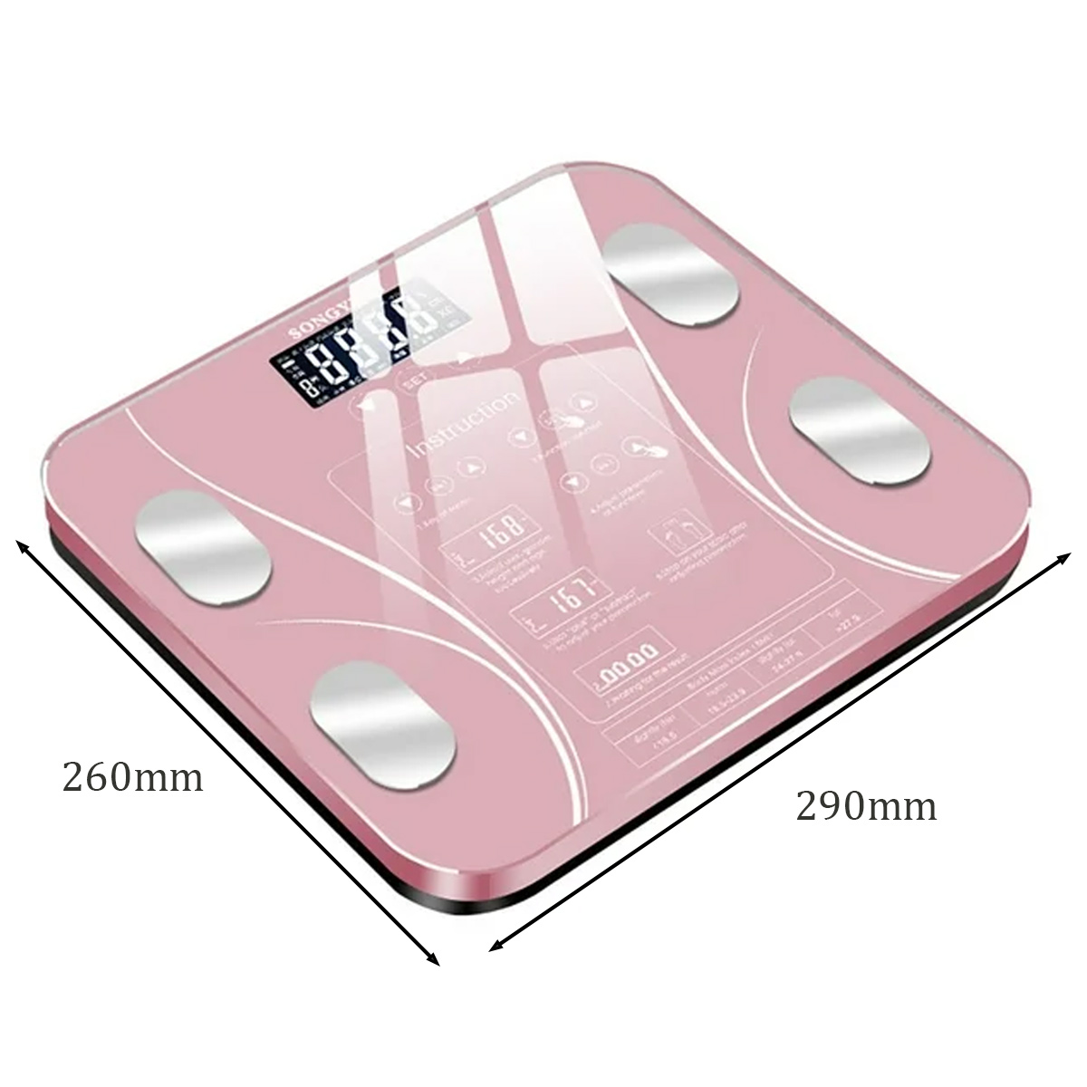 Eine rosa digitale Badezimmerwaage mit silbernen Pads. Sie zeigt Zahlen auf einem Bildschirm an und zeigt Messungen und Anweisungen mit Größenangaben.