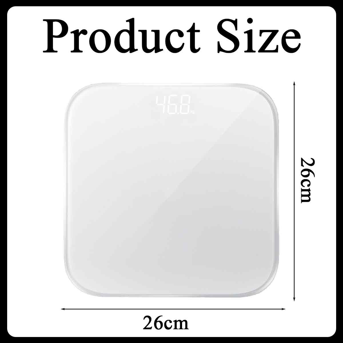 Weiße digitale Waage mit 46,8, Abmessungen 26cm x 26cm. Text darüber lautet 'Produktgröße'.