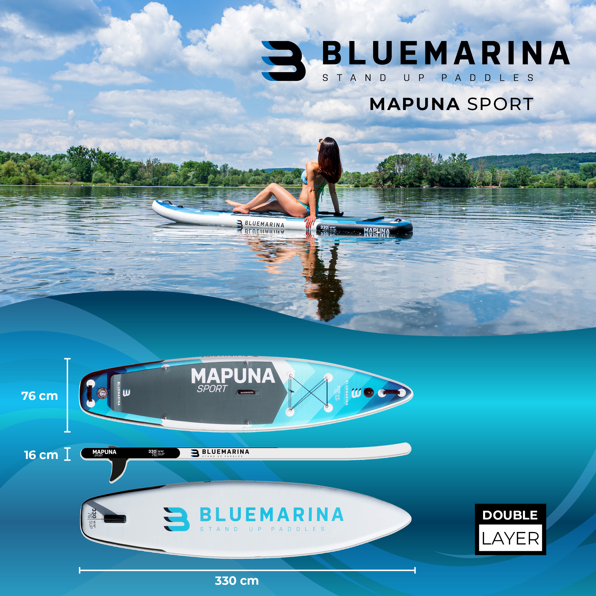 Eine Frau auf einem Paddleboard auf einem See. Das Board hat den Text 'MAPUNA SPORT' und 'BLUEMARINA'. Der Hintergrund sind Bäume.