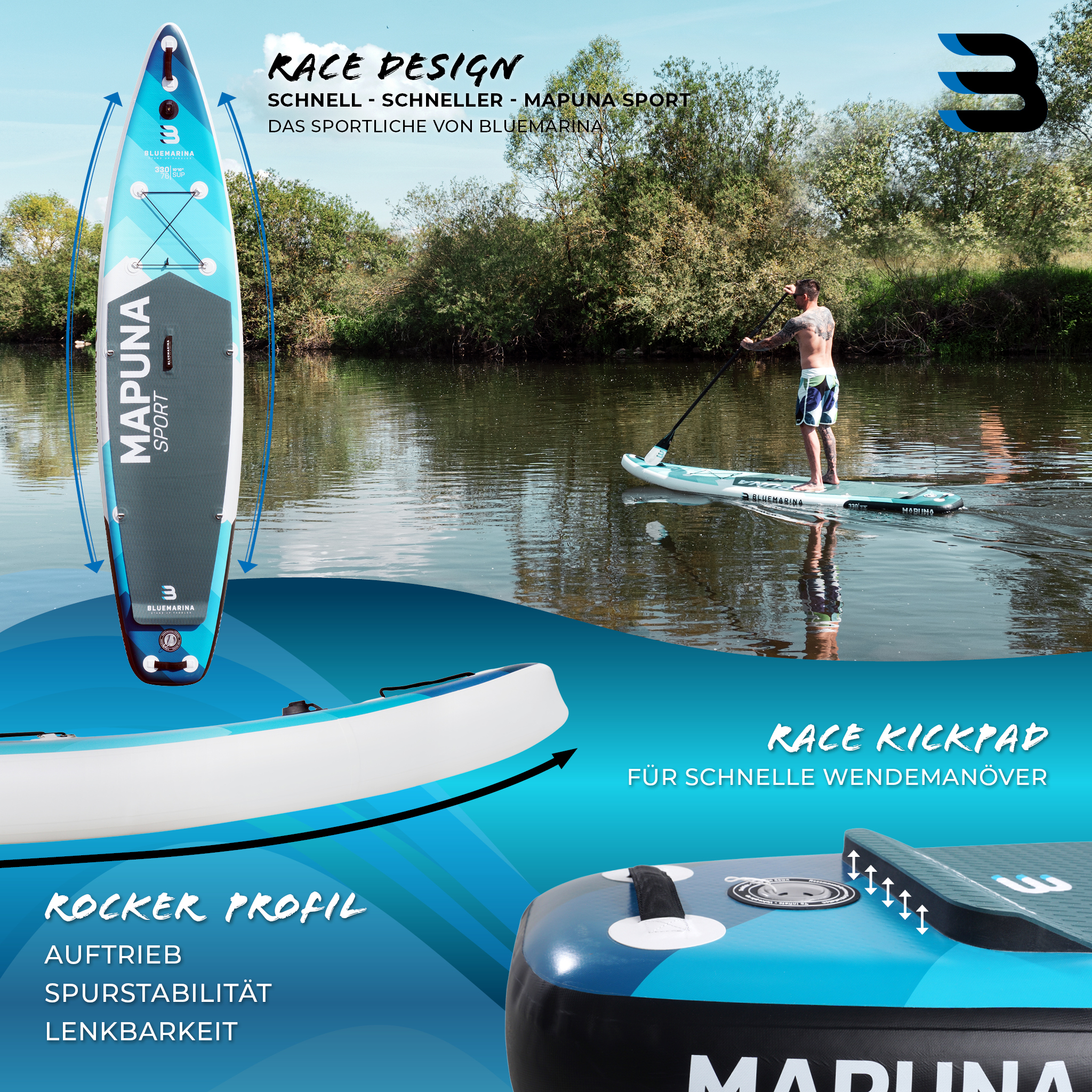 Ein Mann paddelt auf einem blau-weißen Stand-Up-Paddleboard auf einem Fluss. Das Board trägt den Markennamen 'MAPUNA SPORT'.