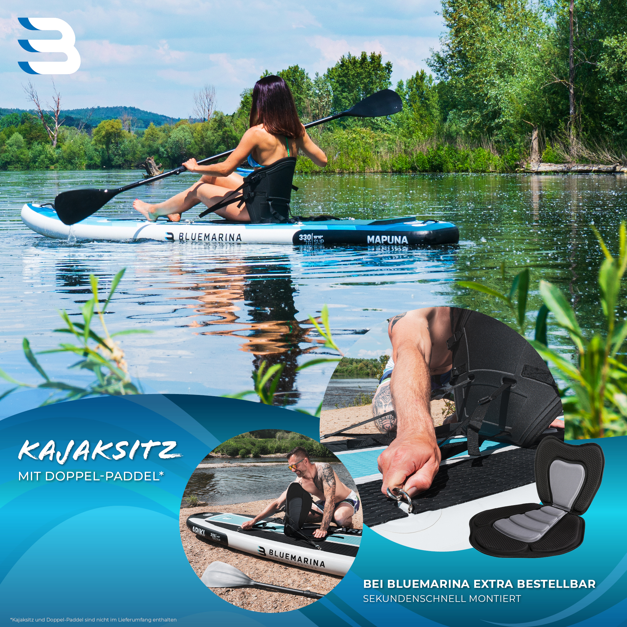 Eine Frau paddelt ein Kajak. Ein weiteres Bild zeigt einen Mann, der einen Sitz an einem Paddleboard befestigt.