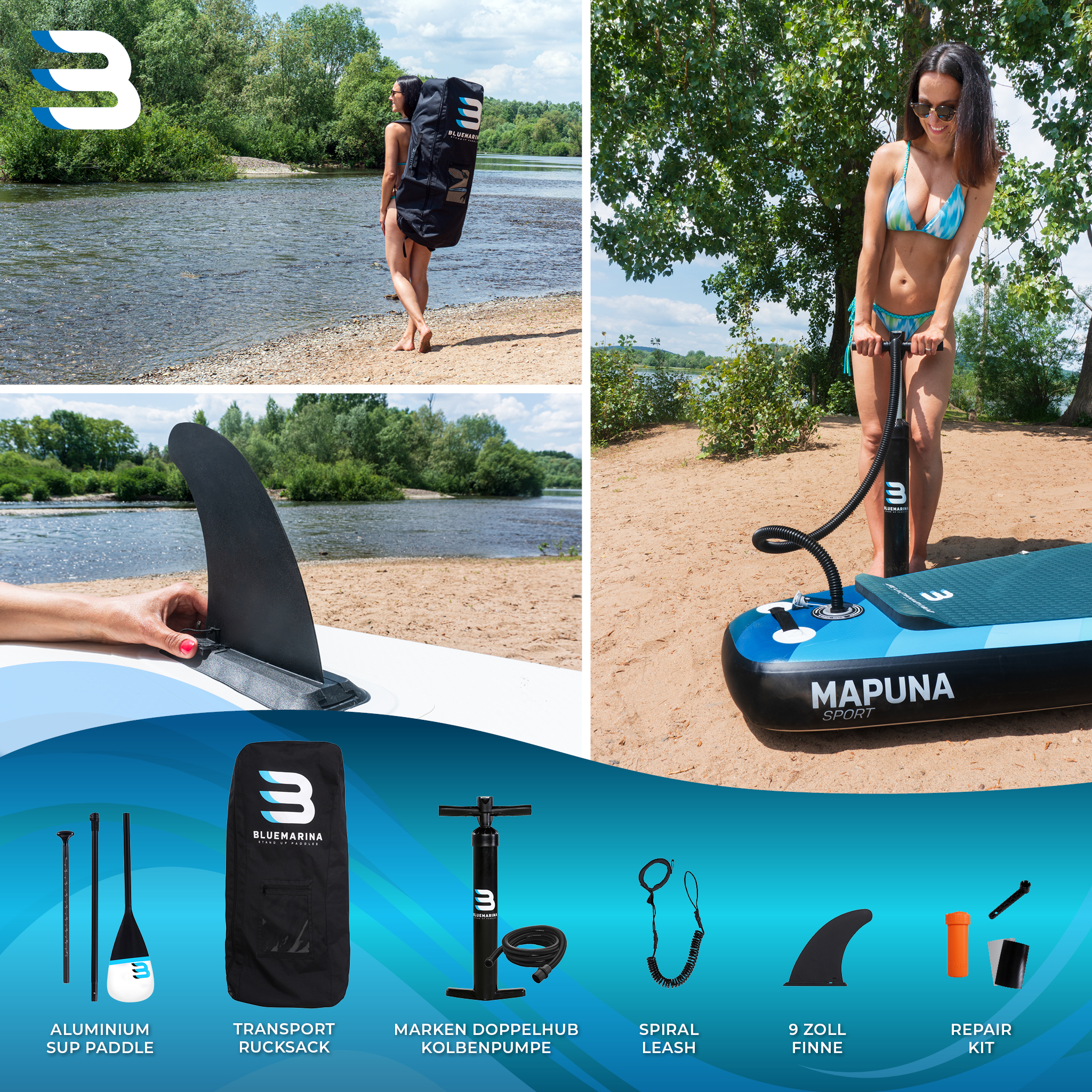 Frau trägt eine SUP-Tasche. Eine andere Frau pumpt ein SUP am Strand auf. Paddelboard-Zubehör wird ebenfalls gezeigt.