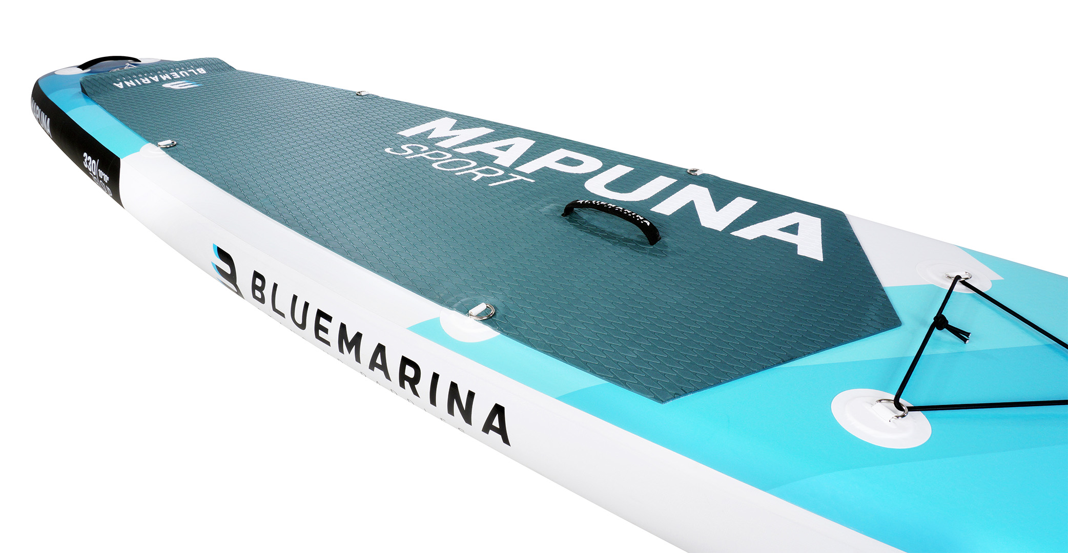 Ein Stand-Up-Paddleboard mit dem Markennamen 'Bluemarina' und 'Mapuna Sport'. Es hat blaue und weiße Farben.