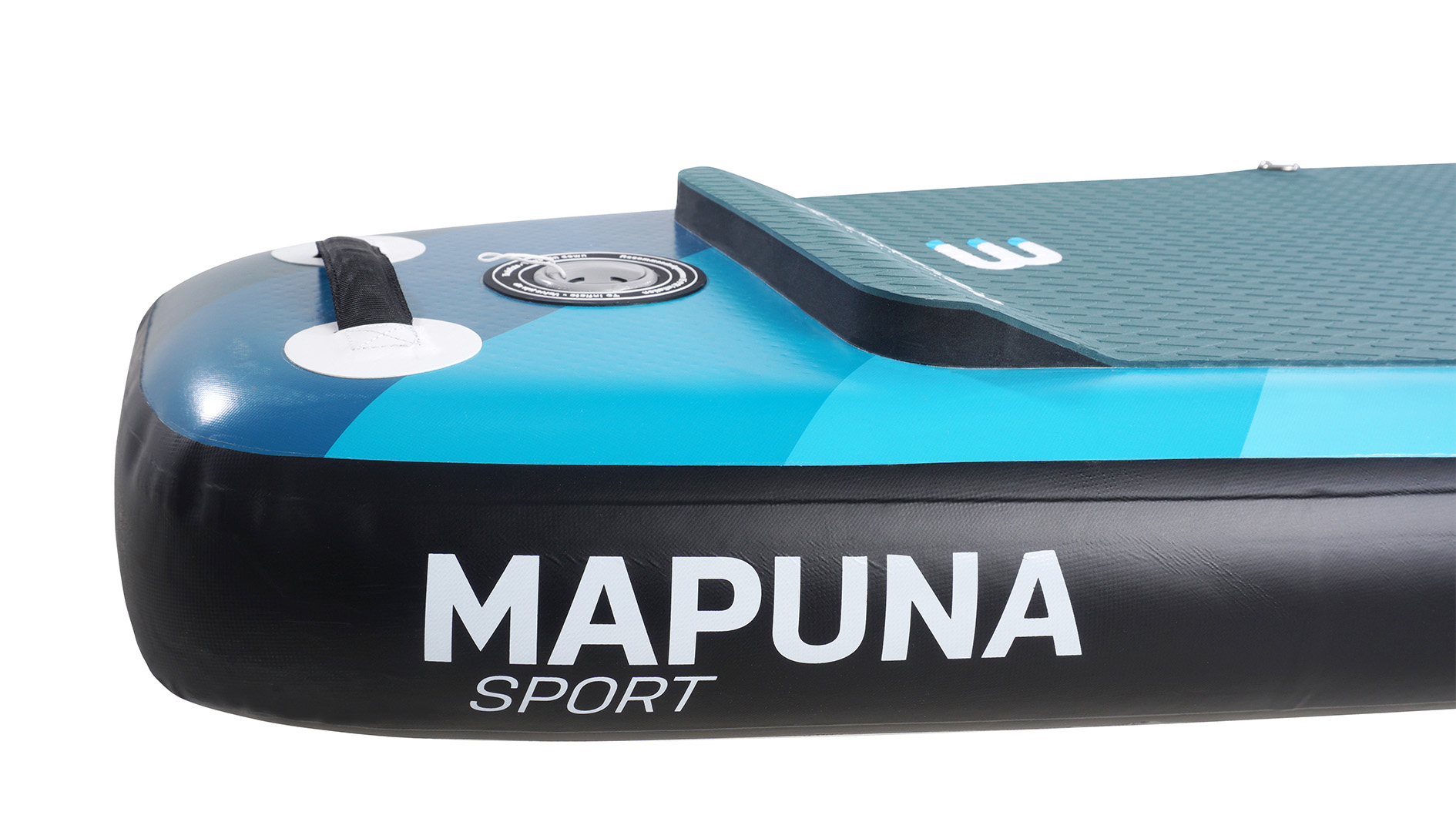 Nahaufnahme eines blau-schwarzen MAPUNA SPORT Paddleboards. Das Board hat einen Griff, ein Ventil und eine strukturierte Oberfläche.