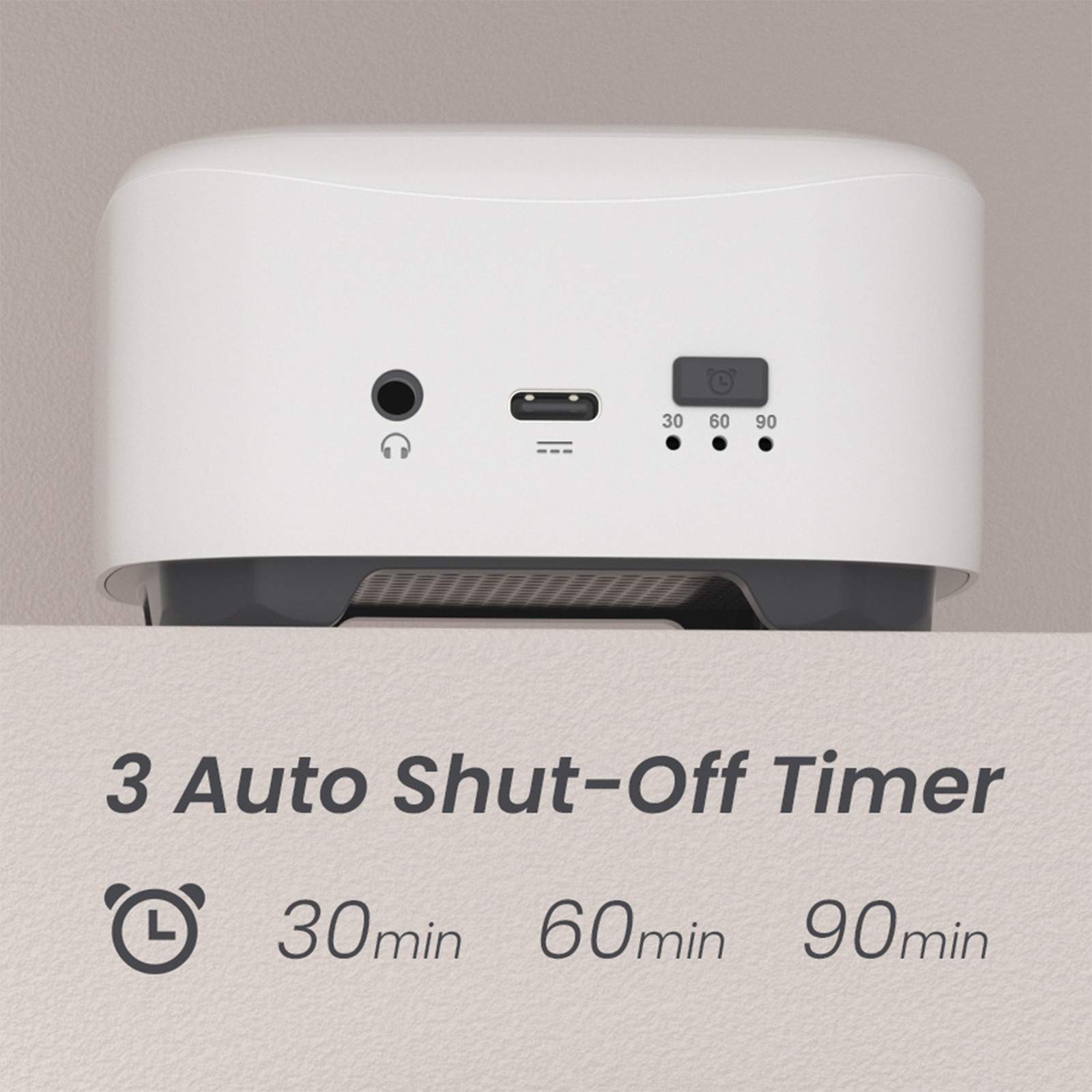Weißes Gerät mit Knöpfen und Timereinstellungen. Text darunter: '3 Auto Shut-Off Timer' mit Timer-Optionen.