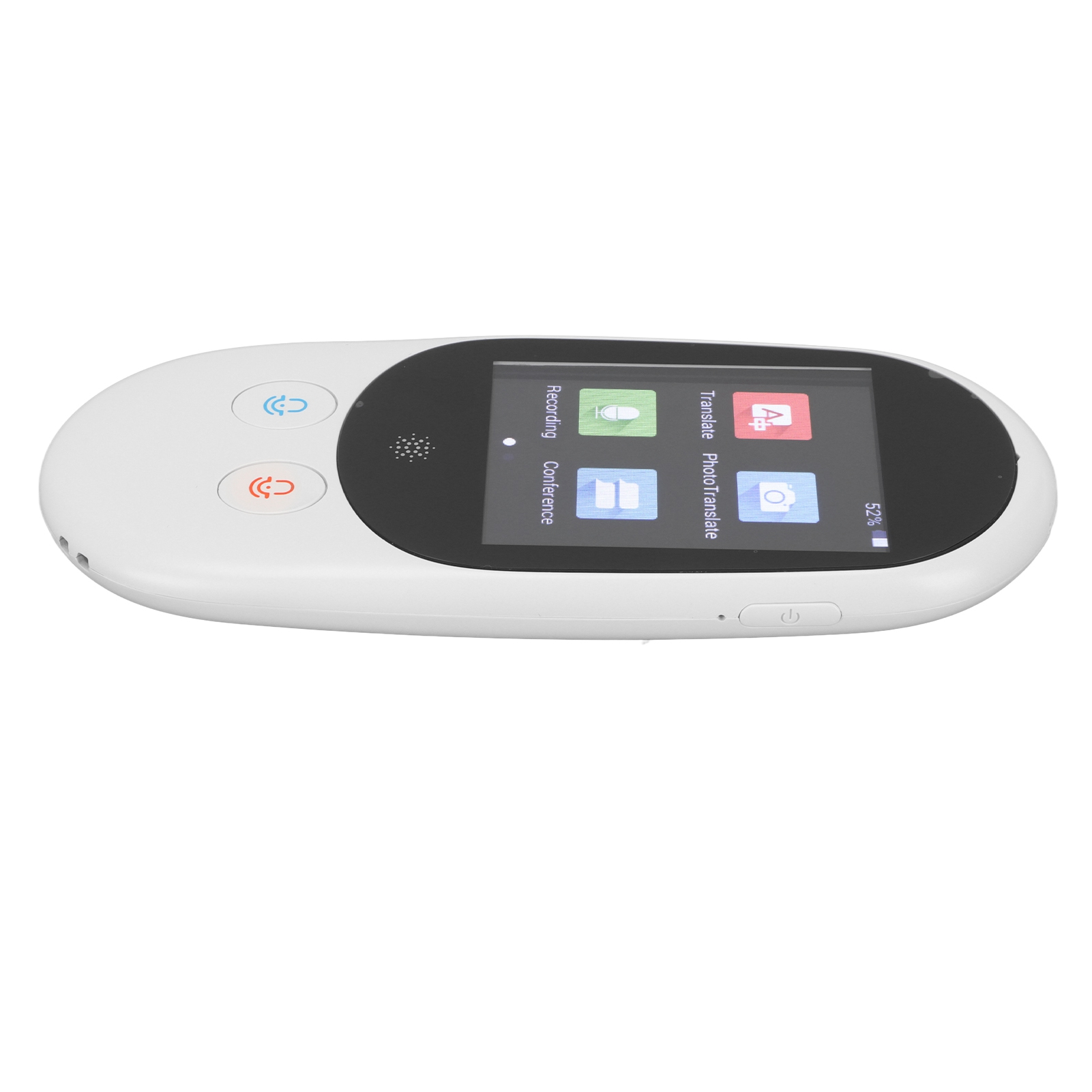Weißer Handübersetzer mit Bildschirm, der App-Symbole anzeigt. Er hat Tasten zum Aufnehmen und Übersetzen, mit einem Power-Button.