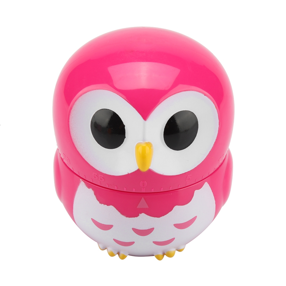 Ein rosa eiförmiger Küchentimer. Er hat große Augen, einen gelben Schnabel und einen weißen und rosa Körper. Der Timer befindet sich auf weißem Hintergrund.