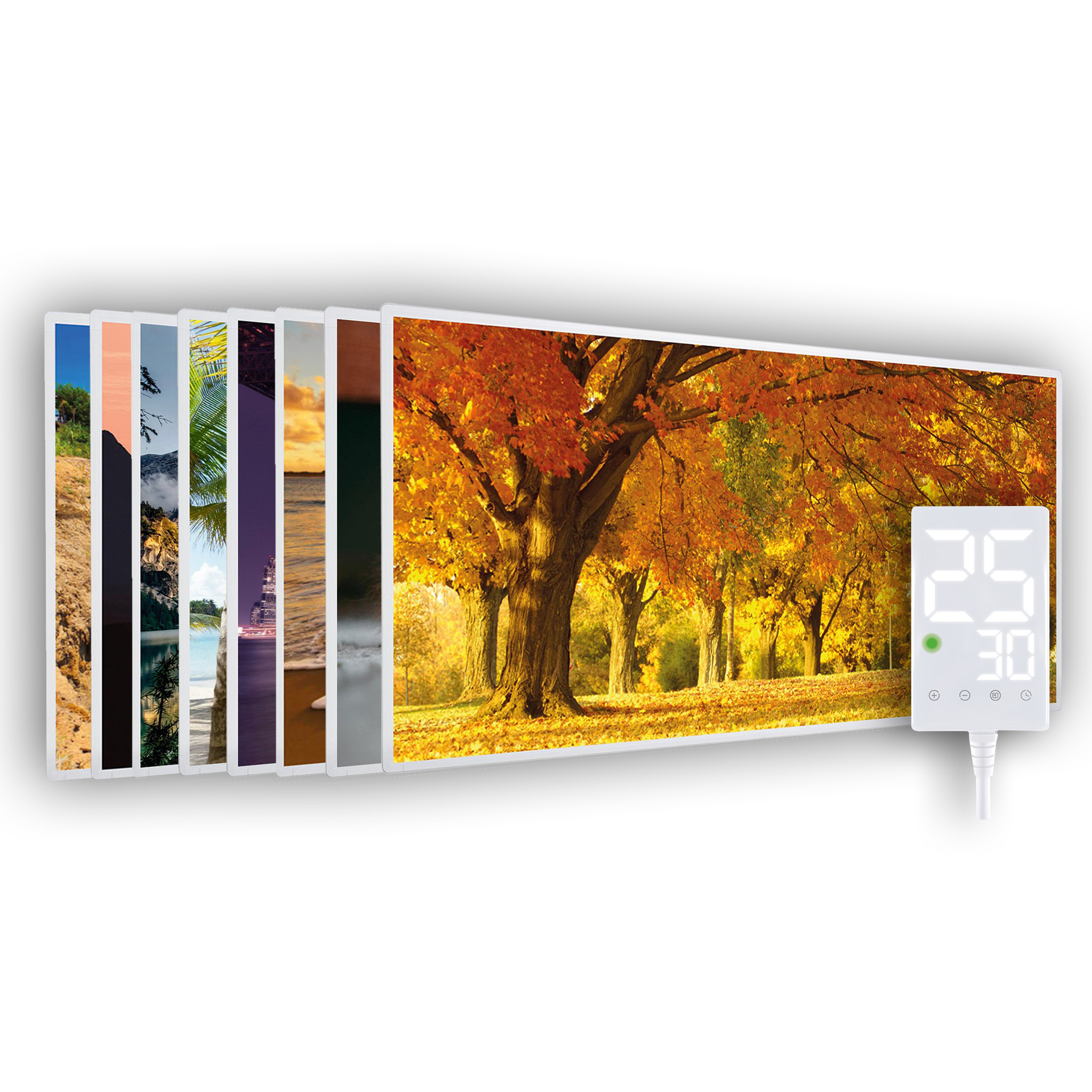Ein langer, weiß gerahmter Heizkörper zeigt mehrere Bilder, darunter eine große Herbstbaum-Szene. Eine Digitalanzeige zeigt die Temperatur.