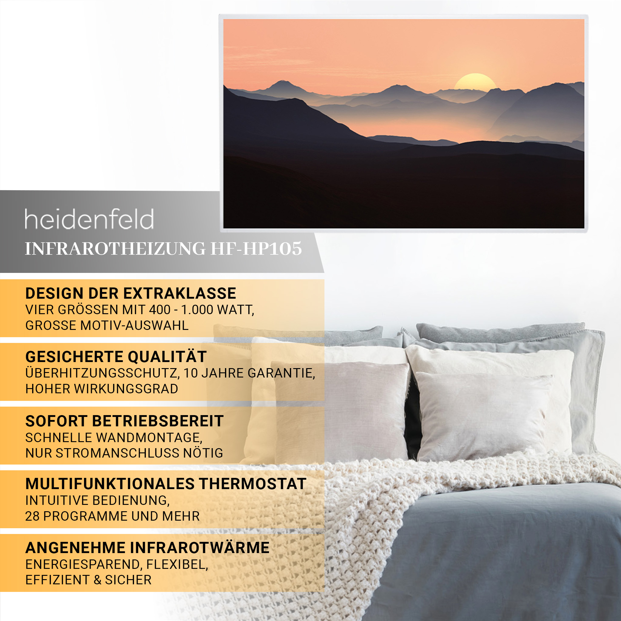 Werbung für einen Infrarot-Heizkörper. Es zeigt eine Berglandschaft und Kissen auf einem Bett, mit Text.