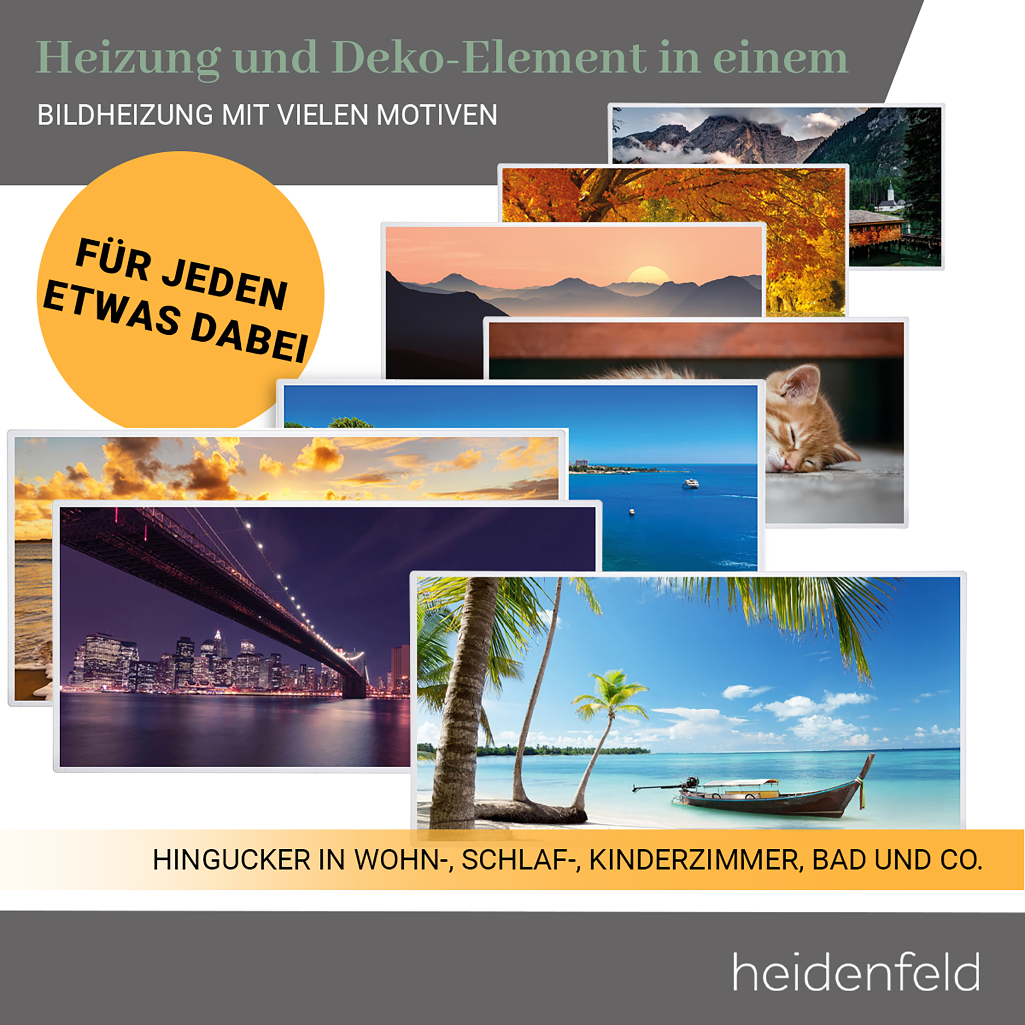 Collage mit Landschaftsbildern, Brücke, Kätzchen und Strand. Text: 'Heizung' und 'Für jeden etwas dabei'.