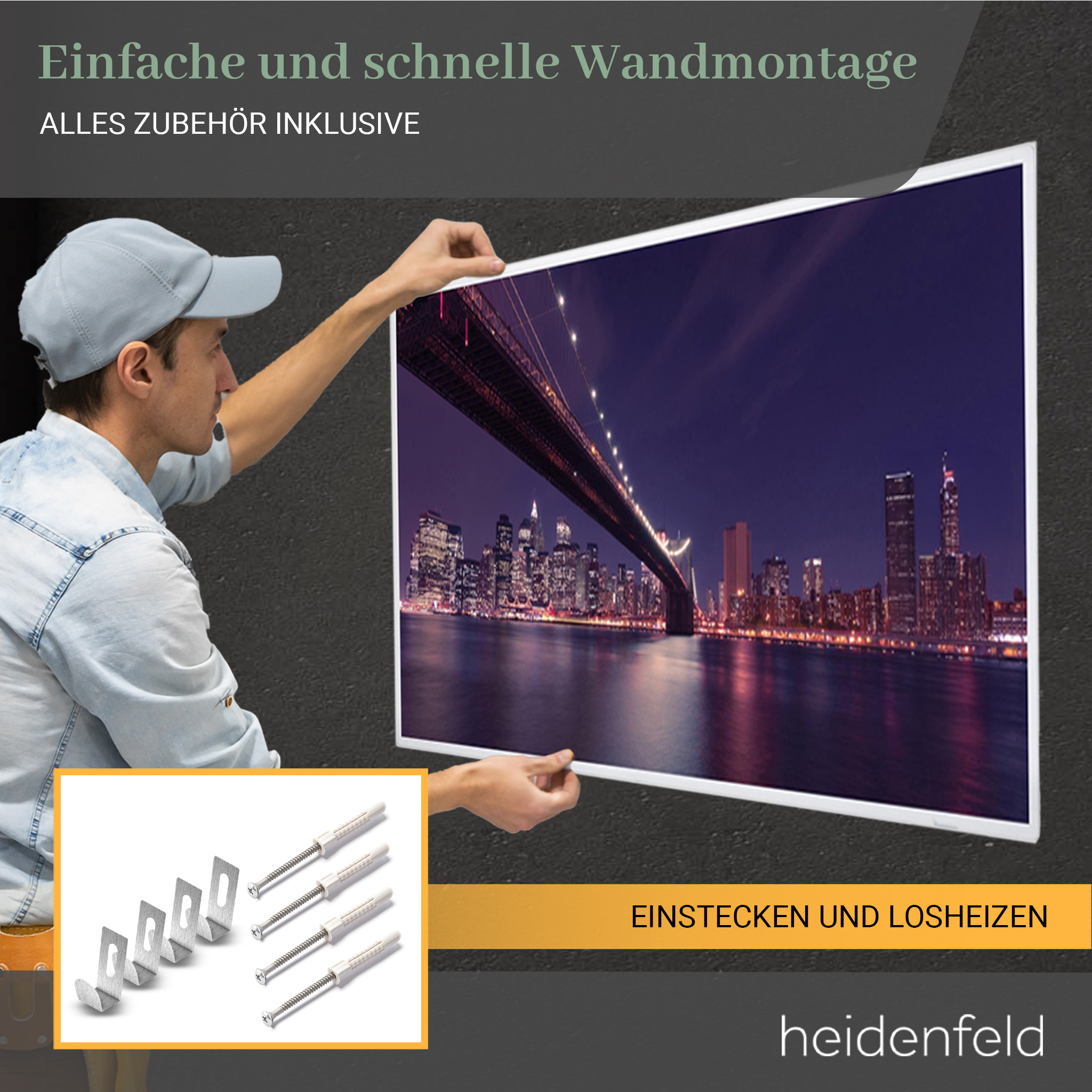 Mann hält ein Stadtbildgemälde. Enthält Montagematerial. Text: Einfache Wandmontage, alles inklusive.