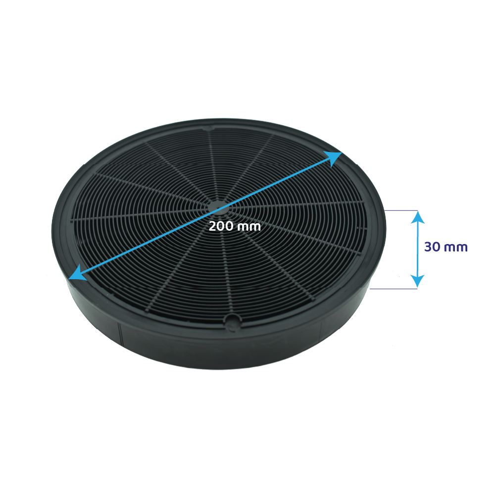 Un filtro a carbone attivo circolare nero con dimensioni: diametro 200 mm e altezza 30 mm, su sfondo bianco.