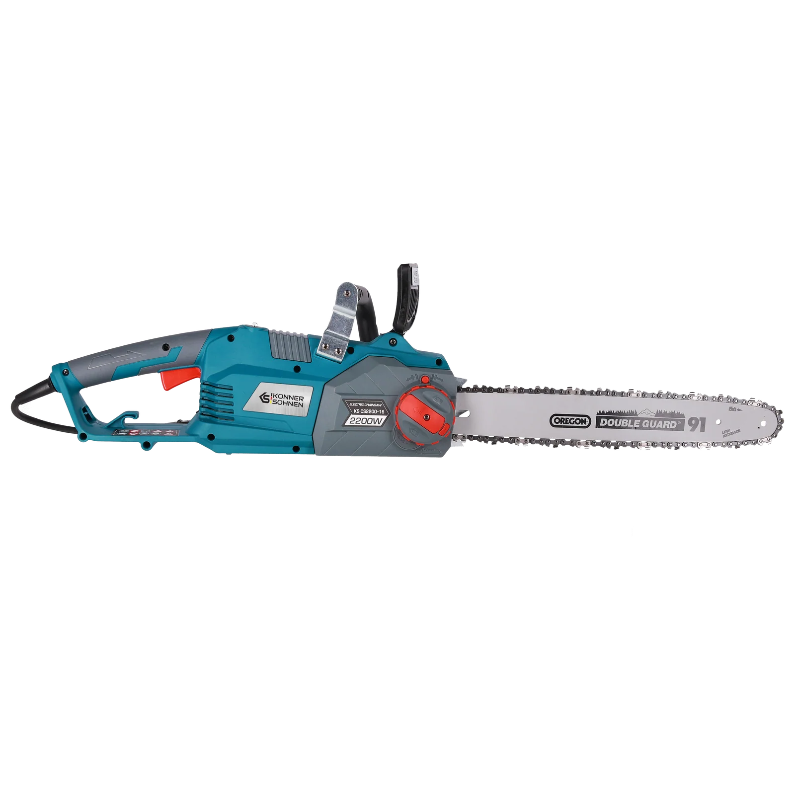 Turkusowo-szara piła łańcuchowa z czerwonym wyłącznikiem bezpieczeństwa. Ostrze srebrne z logo 'Oregon Double Guard 91'.