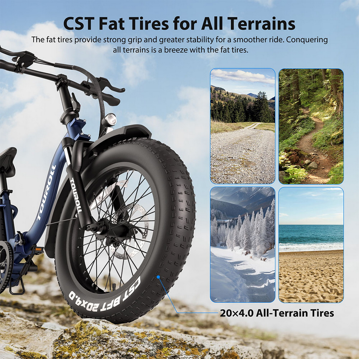 Rower elektryczny z grubymi oponami na skalistej powierzchni. Cztery mniejsze obrazy przedstawiają różne tereny: żwir, leśną ścieżkę, zaśnieżone góry i plażę.