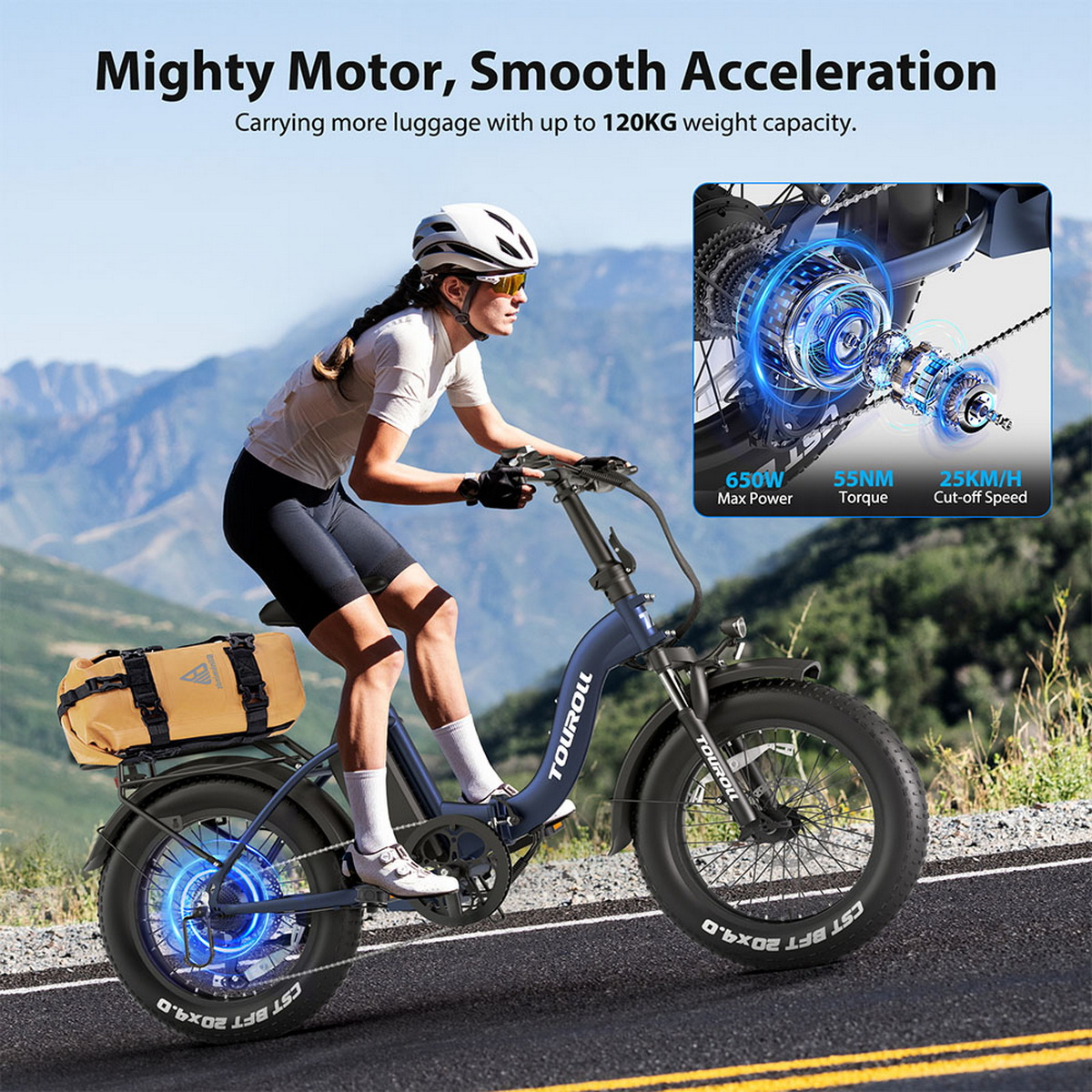 Kobieta jedzie niebieskim rowerem elektrycznym po drodze. Ma na sobie kask i okulary przeciwsłoneczne. Z tyłu torba. Wymienione są specyfikacje.