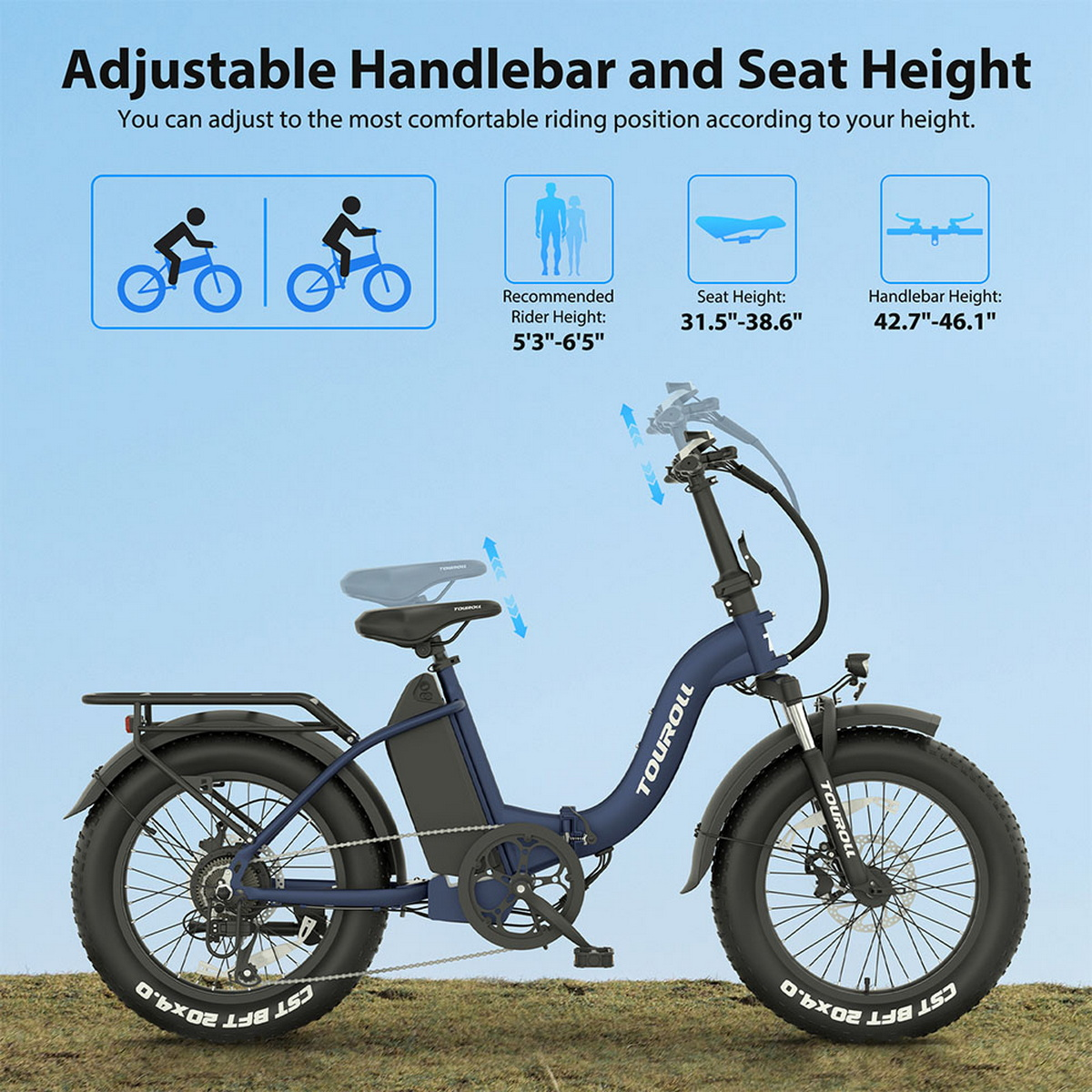 Niebieski rower elektryczny TOUROLL z regulowanym siodełkiem i kierownicą, schematy pokazują regulacje wysokości. Tekst wskazuje zalecaną wysokość i wymiary.
