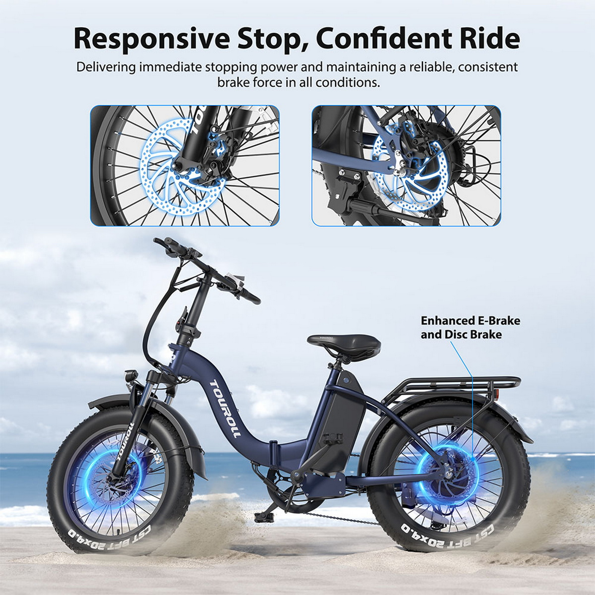 Niebieski rower elektryczny z hamulcami tarczowymi. Tekst: Reagujące zatrzymanie, pewna jazda. Tło plaży. Szczegóły hamulców.