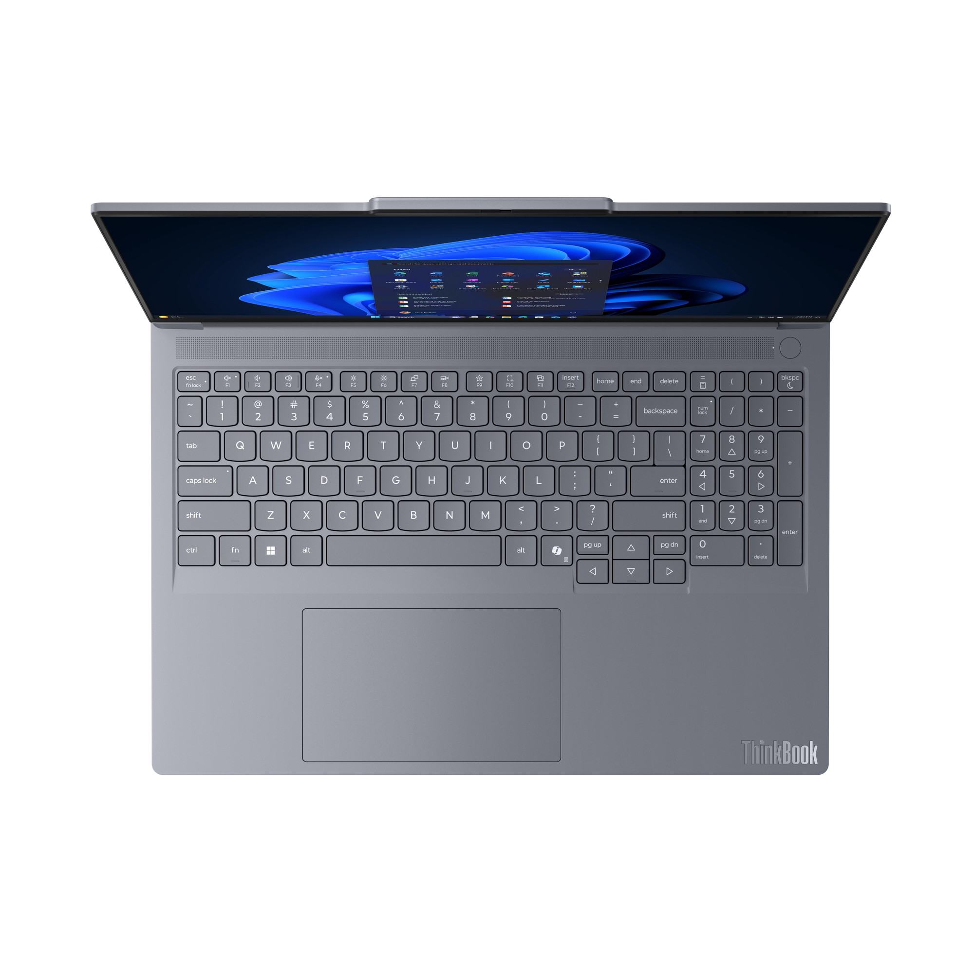 Draufsicht auf einen grauen ThinkBook-Laptop. Der Bildschirm zeigt eine blau-weiße Grafik. Tastatur und Touchpad sind sichtbar.