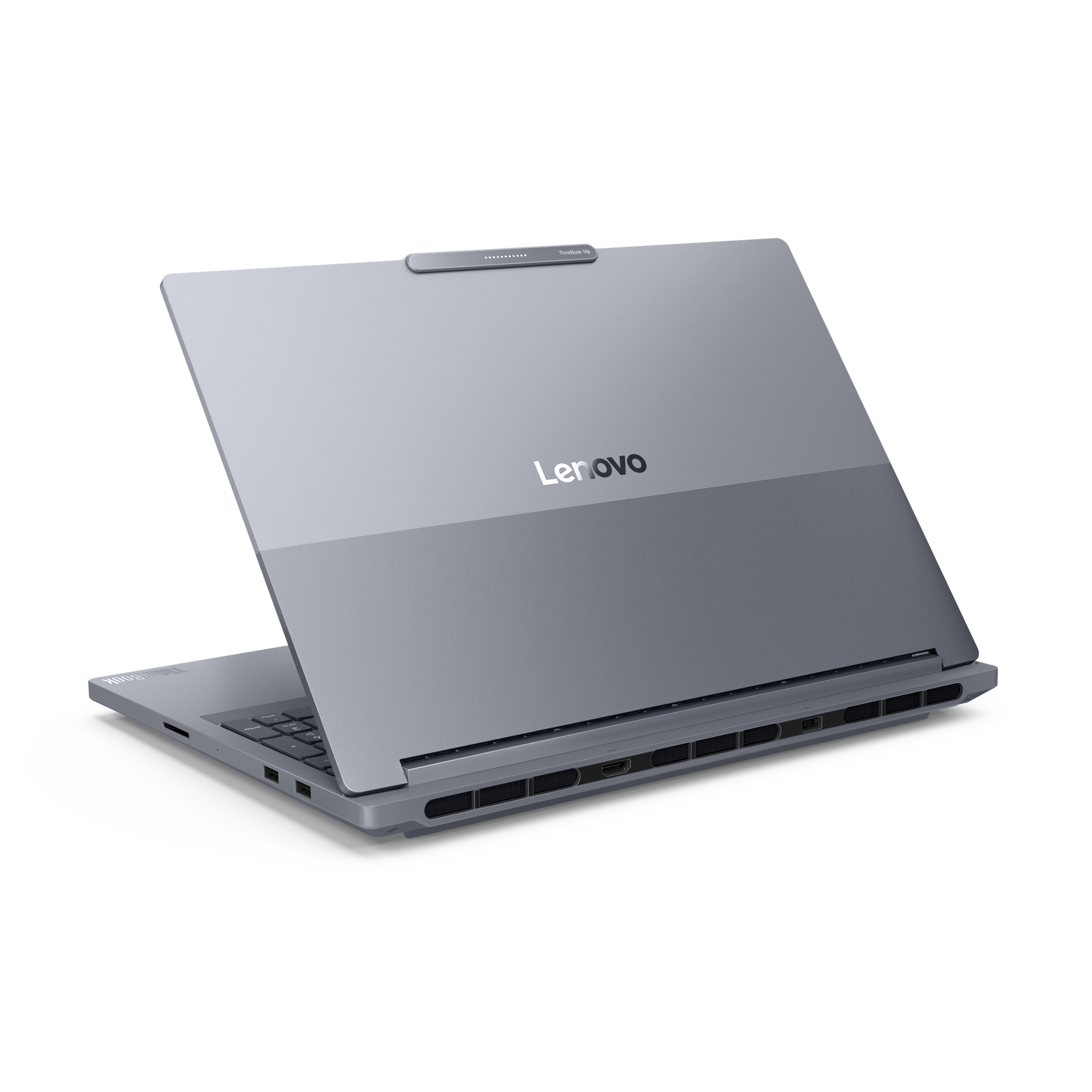 Grauer Lenovo-Laptop geöffnet. Der Bildschirm ist oben und die Tastatur sichtbar. Der Laptop steht auf weißem Untergrund.