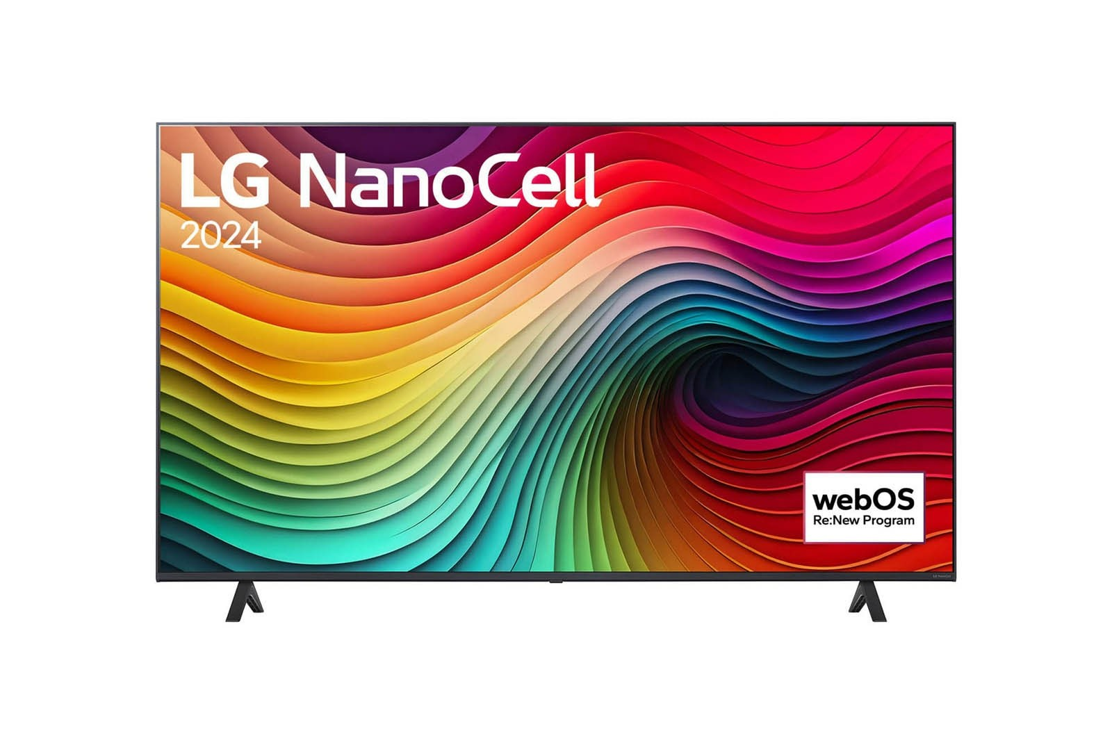 TV LG NanoCell 2024. Display con motivo colorato e fluido. Logo webOS in basso a destra. Poggia su due gambe.