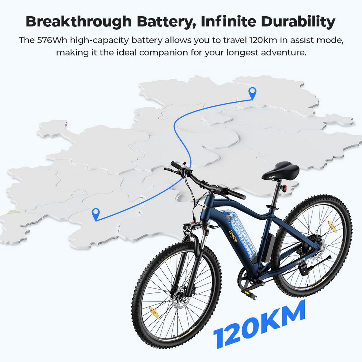 Niebieski rower górski na białym tle. Za nim mapa. Tekst: Breakthrough Battery, 120KM.