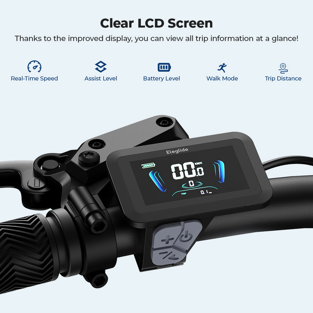 Ein E-Scooter-Display zeigt Geschwindigkeit, Akku und Fahrinformationen. Der Bildschirm ist schwarz mit blau-weißen Grafiken. Bedienelemente am Lenker.