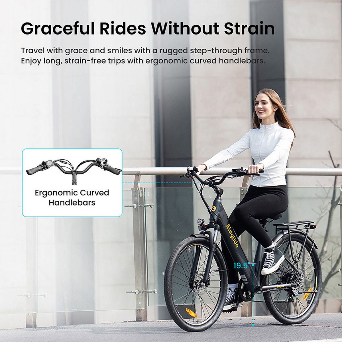 Eine Frau fährt ein schwarzes Eleglide-Fahrrad. Sie trägt eine weiße Jacke und schwarze Hose. Der Text lautet 'Graceful Rides Without Strain'.