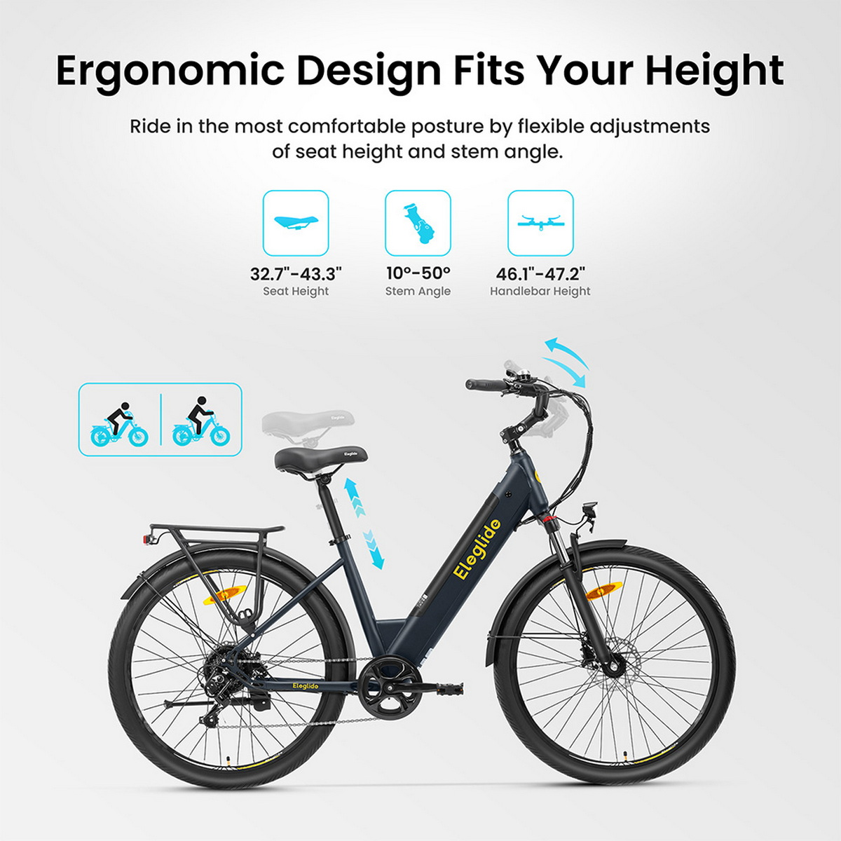 Czarny i szary rower elektryczny Eleglide. Tekst podkreśla regulowane siodełko, kąt mostka i wysokość kierownicy dla ergonomii.
