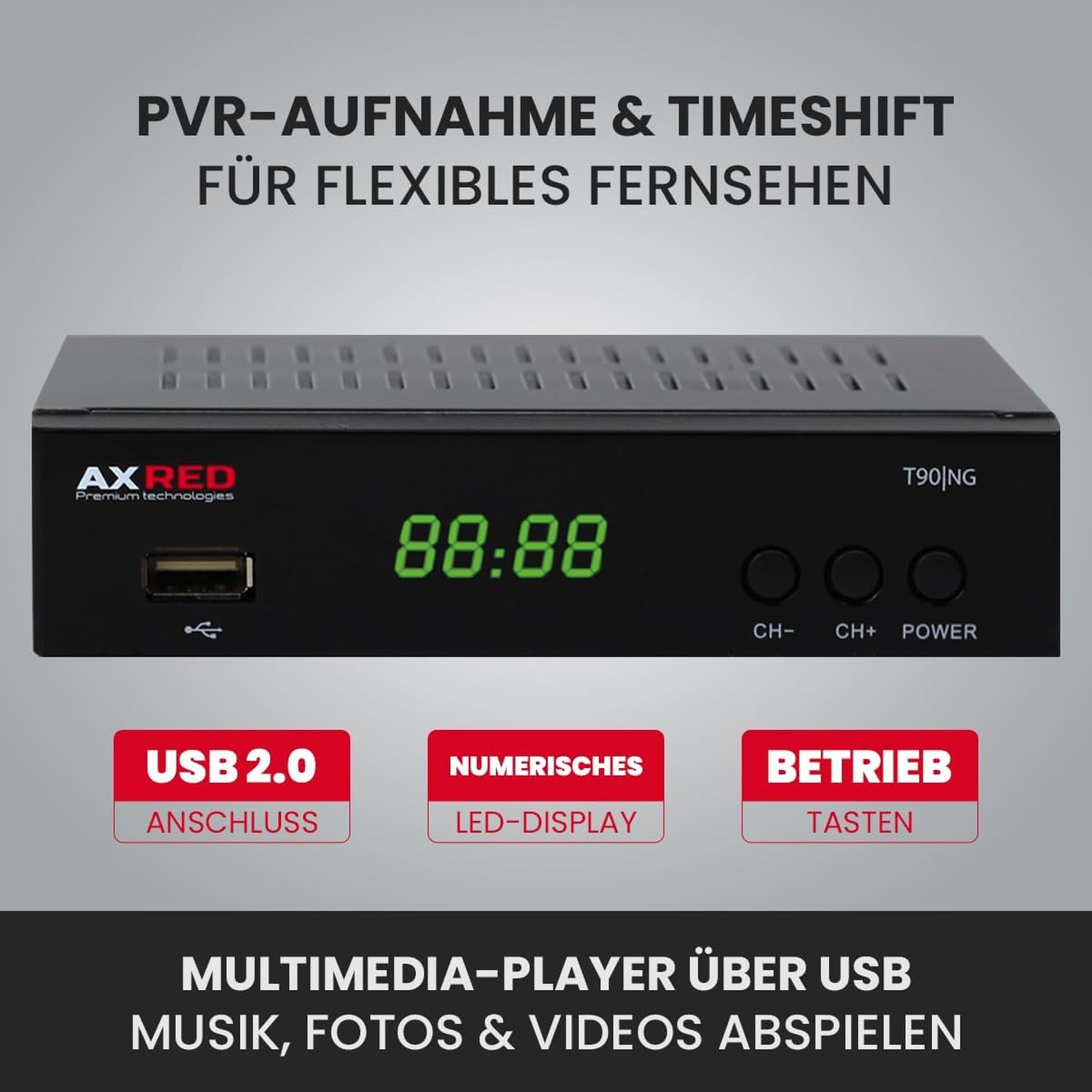 Ein schwarzer digitaler Receiver zeigt '88:88'. Darunter stehen rote Kästchen mit 'USB 2.0', 'NUMERISCHES LED-DISPLAY' und 'BETRIEB TASTEN'.
