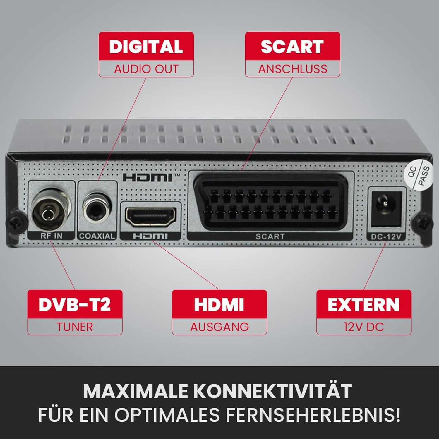 Schwarzes Gerät mit Anschlüssen: HDMI, SCART und DC-12V. Text oben: 'Digital Audio Out' und 'HDMI Ausgang'.