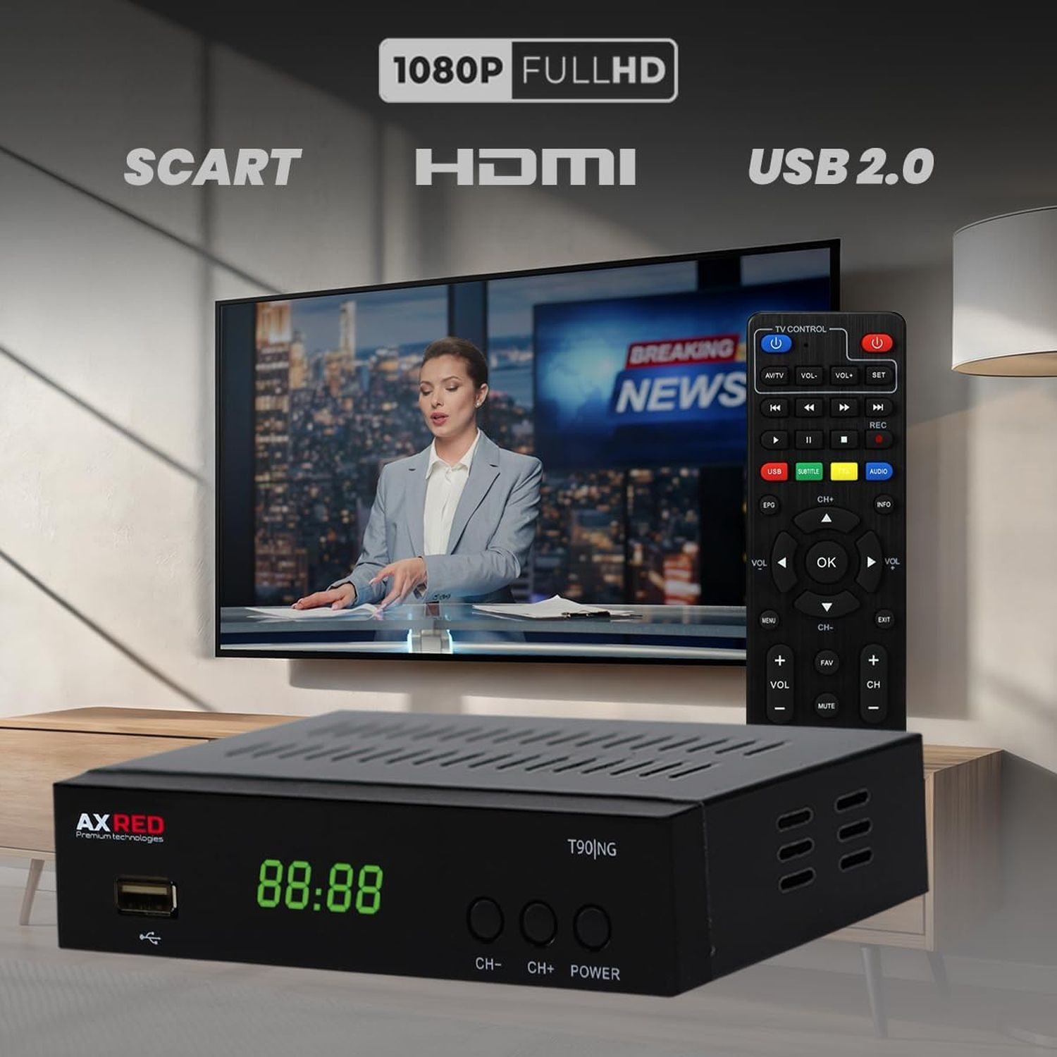 Ein schwarzer digitaler Empfänger zeigt 88:88. Ein Fernseher zeigt einen Nachrichtensprecher. Eine Fernbedienung liegt rechts. Die Szene deutet auf ein TV-Setup hin.