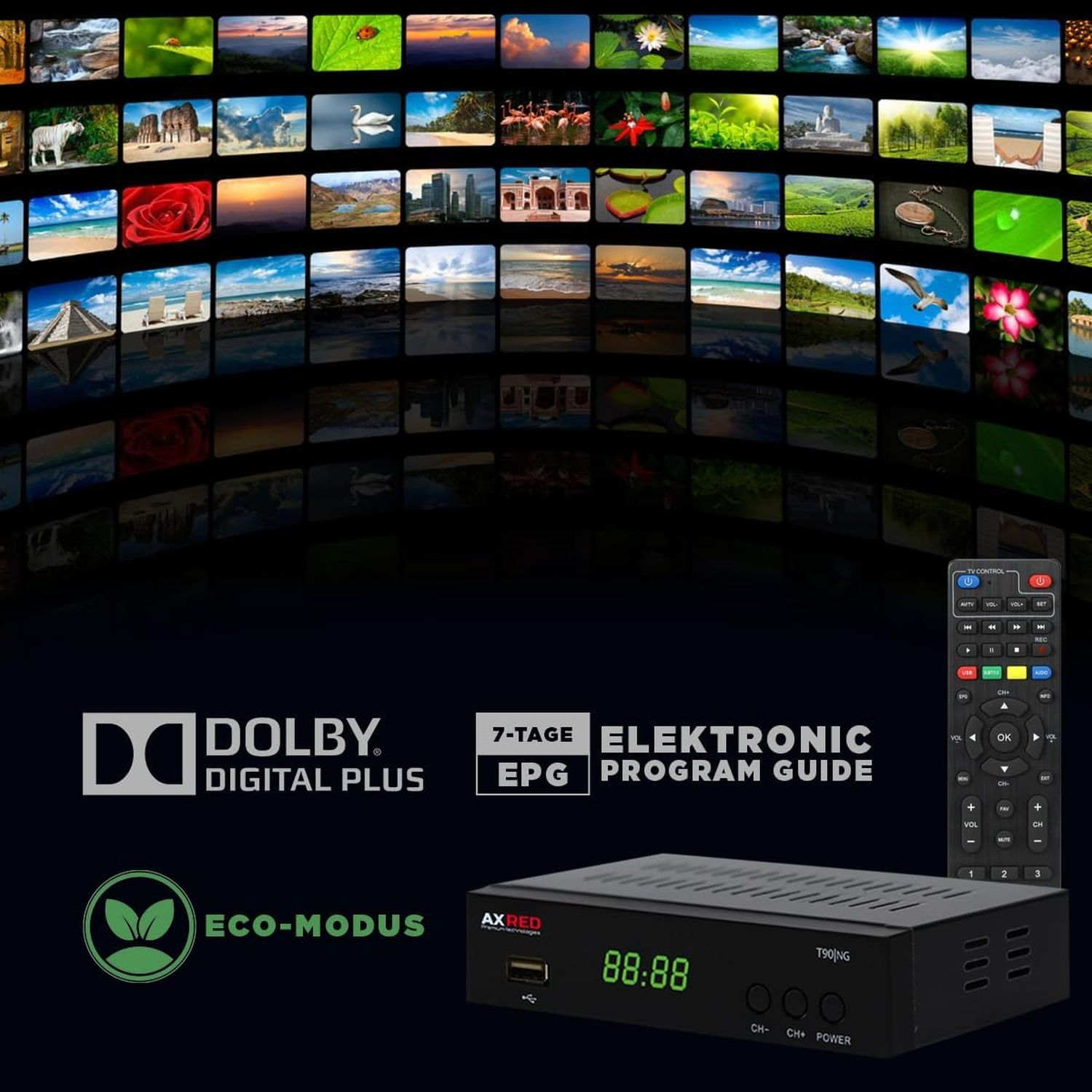 Eine TV-Box mit Fernbedienung, umgeben von kleinen Bildschirmen mit verschiedenen Bildern und Dolby Digital Plus Logo.