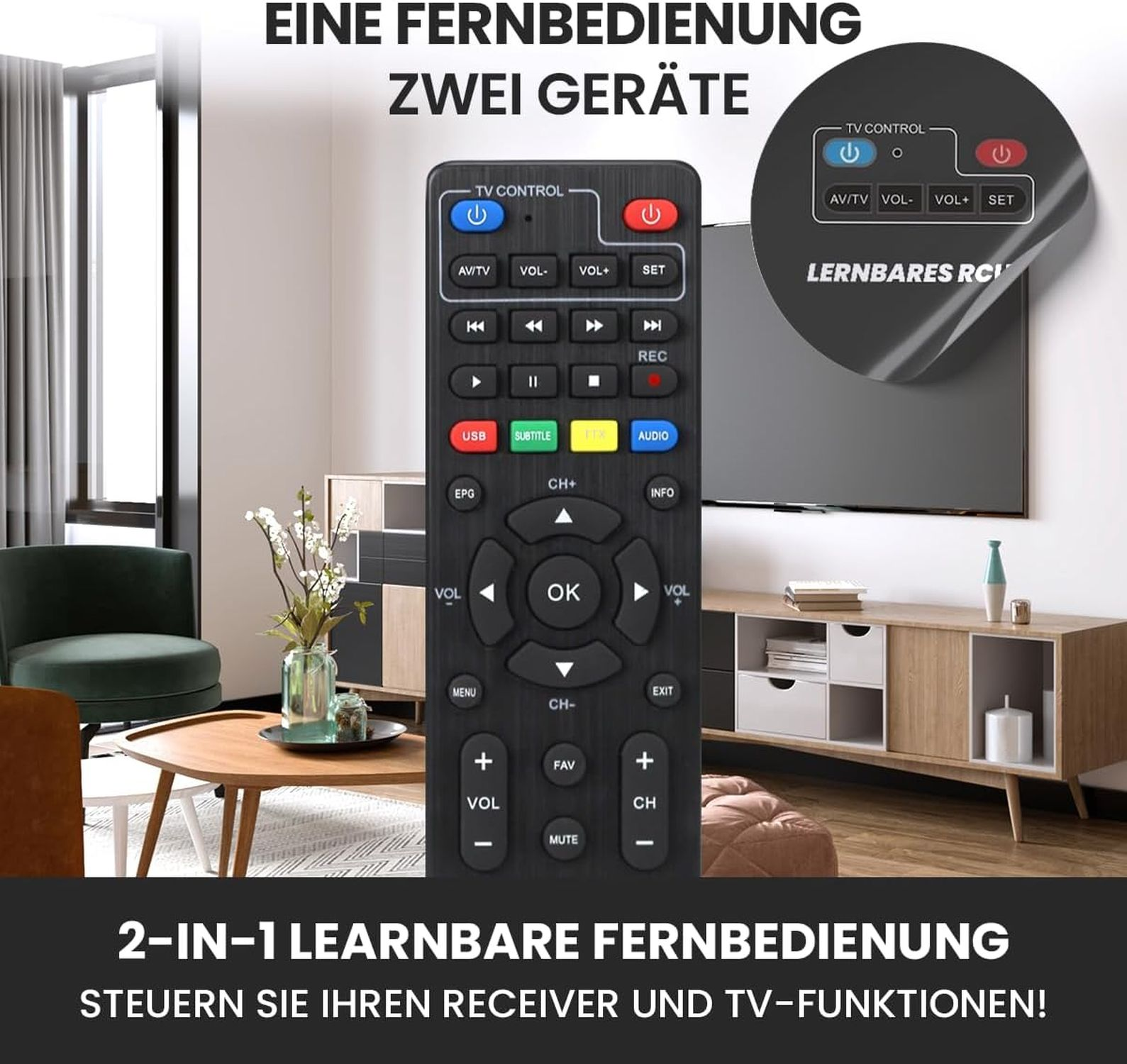 Eine schwarze Fernbedienung mit vielen Knöpfen vor einem Fernseher. Der Text lautet '2-in-1 lernfähige Fernbedienung'.