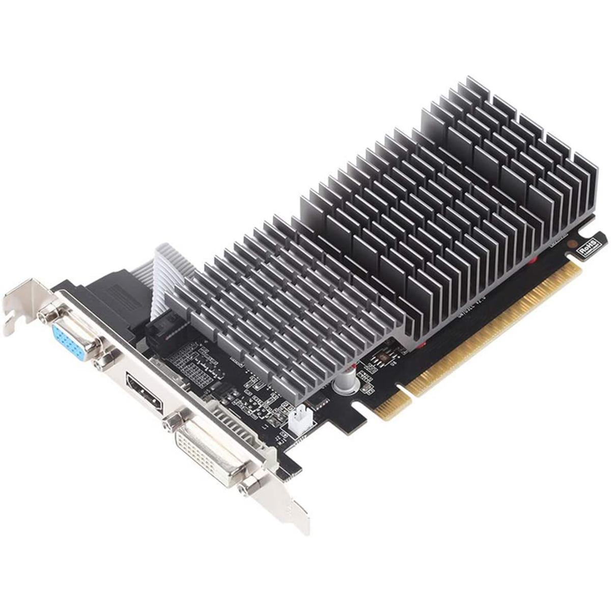 Una scheda grafica per computer con un grande dissipatore di calore argentato e più porte. Ha un circuito stampato nero e un telaio metallico.