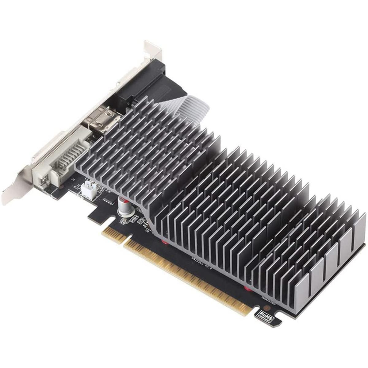 Una scheda grafica per computer con un grande dissipatore di calore argentato e un circuito stampato nero. Sono visibili connettori e un cavo a nastro.