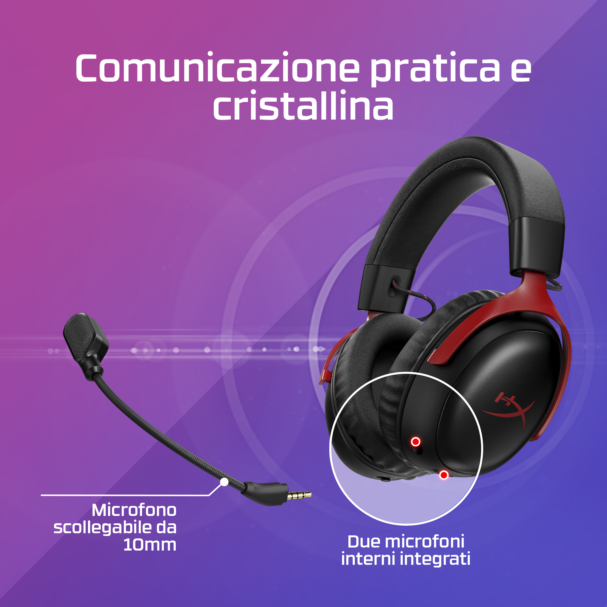 Cuffie nere e rosse con microfono staccabile. Testo: comunicazione chiara, due microfoni integrati, microfono staccabile da 10 mm.