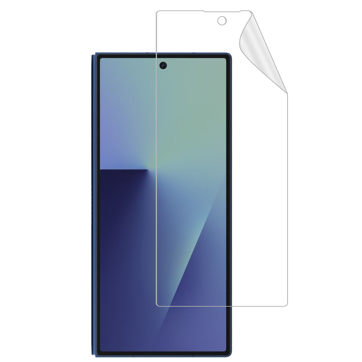 Een blauwe smartphone met een schermbeschermer die wordt afgepeld. Het scherm toont een kleurengradiënt.