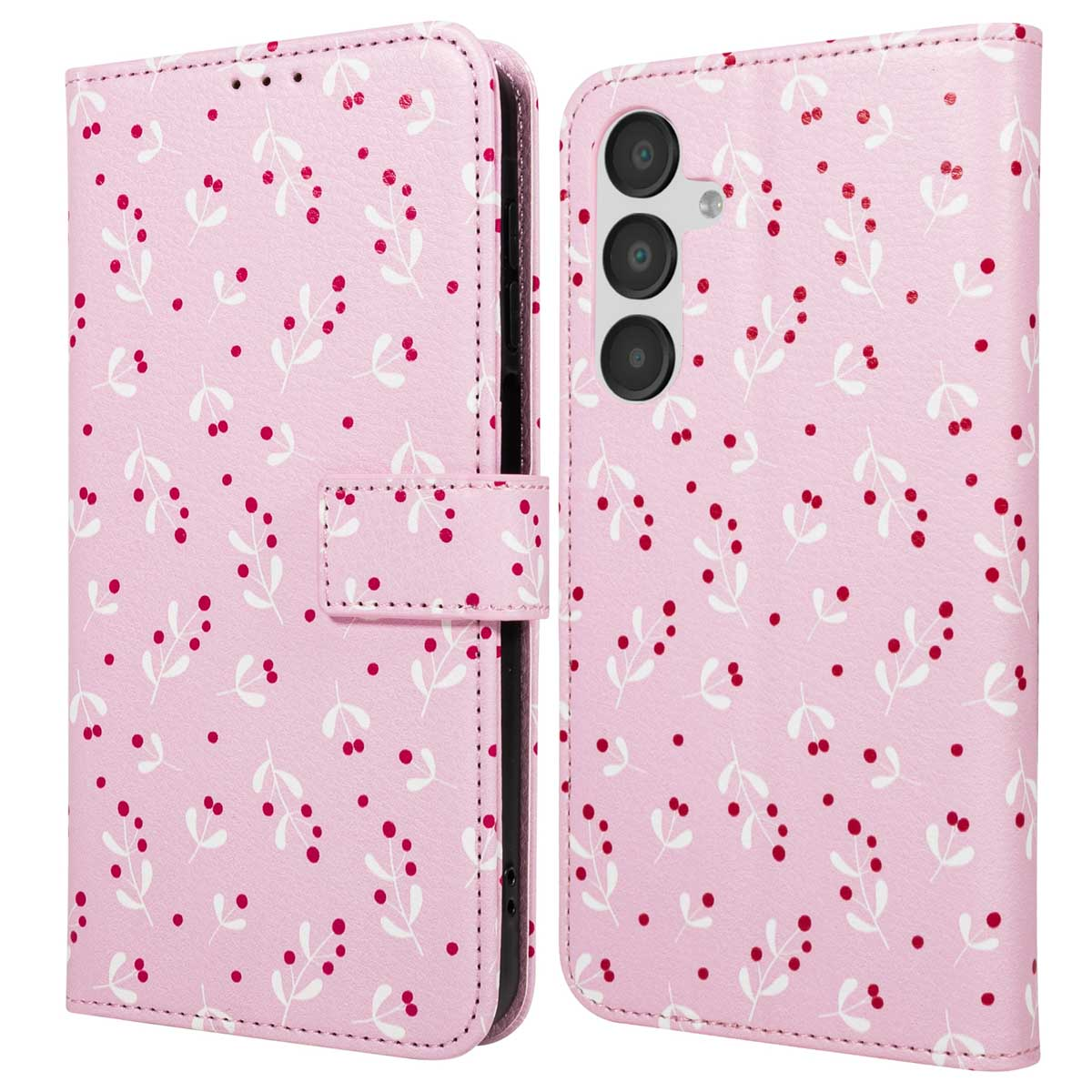 Una custodia per telefono rosa con un motivo floreale. La custodia è aperta, mostrando l'interno e la fotocamera del telefono. Sono stampate bacche e foglie.