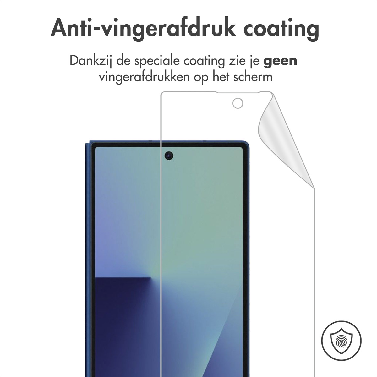 Een telefoonscherm met een beschermlaag die wordt verwijderd. Tekst: 'Anti-vingerafdruk coating' en 'geen vingerafdrukken op het scherm'.